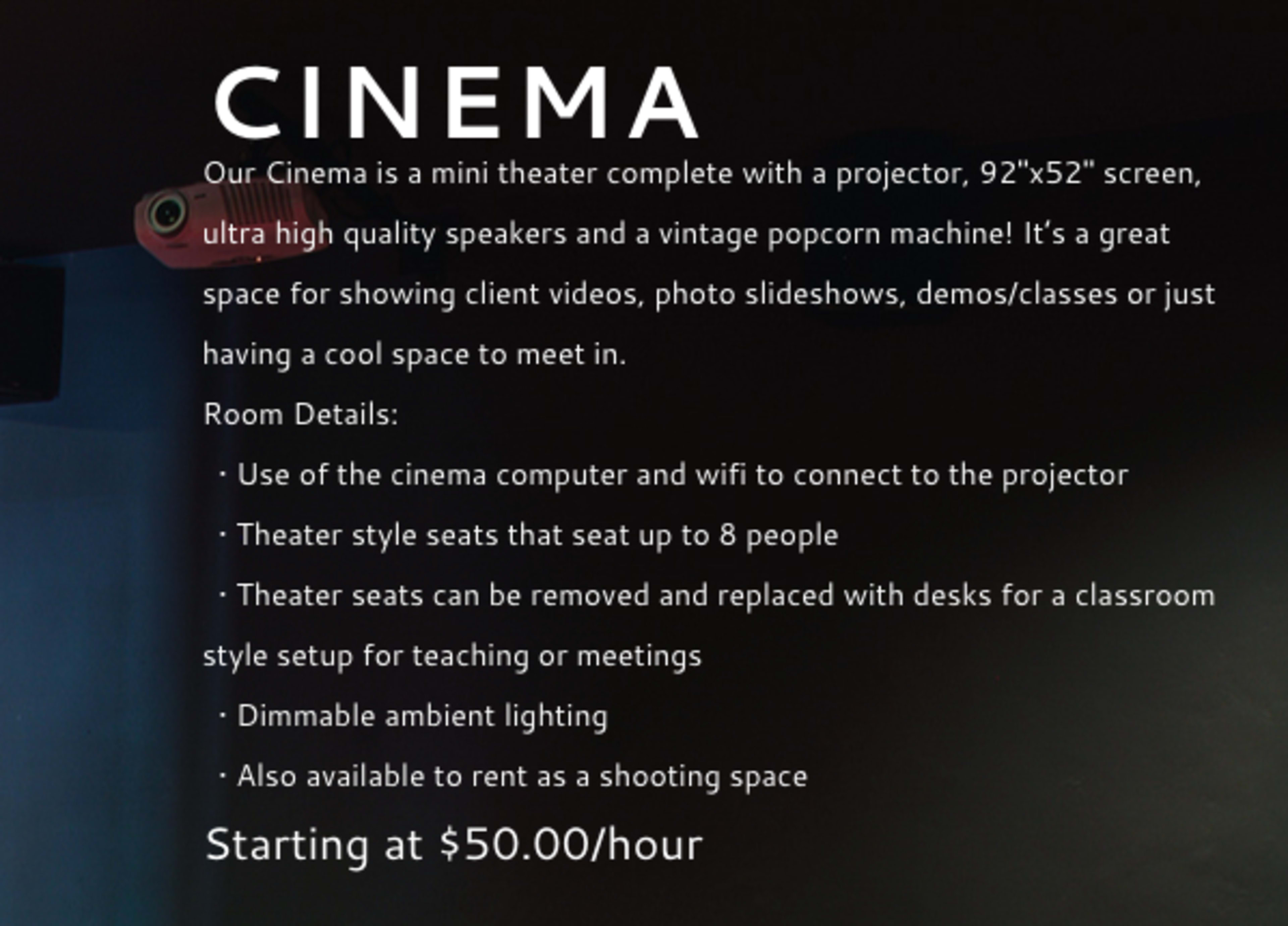 A promotional overview of a mini theater space for rent, featuring a projector, screen, and popcorn machine, along with details about its amenities and pricing.