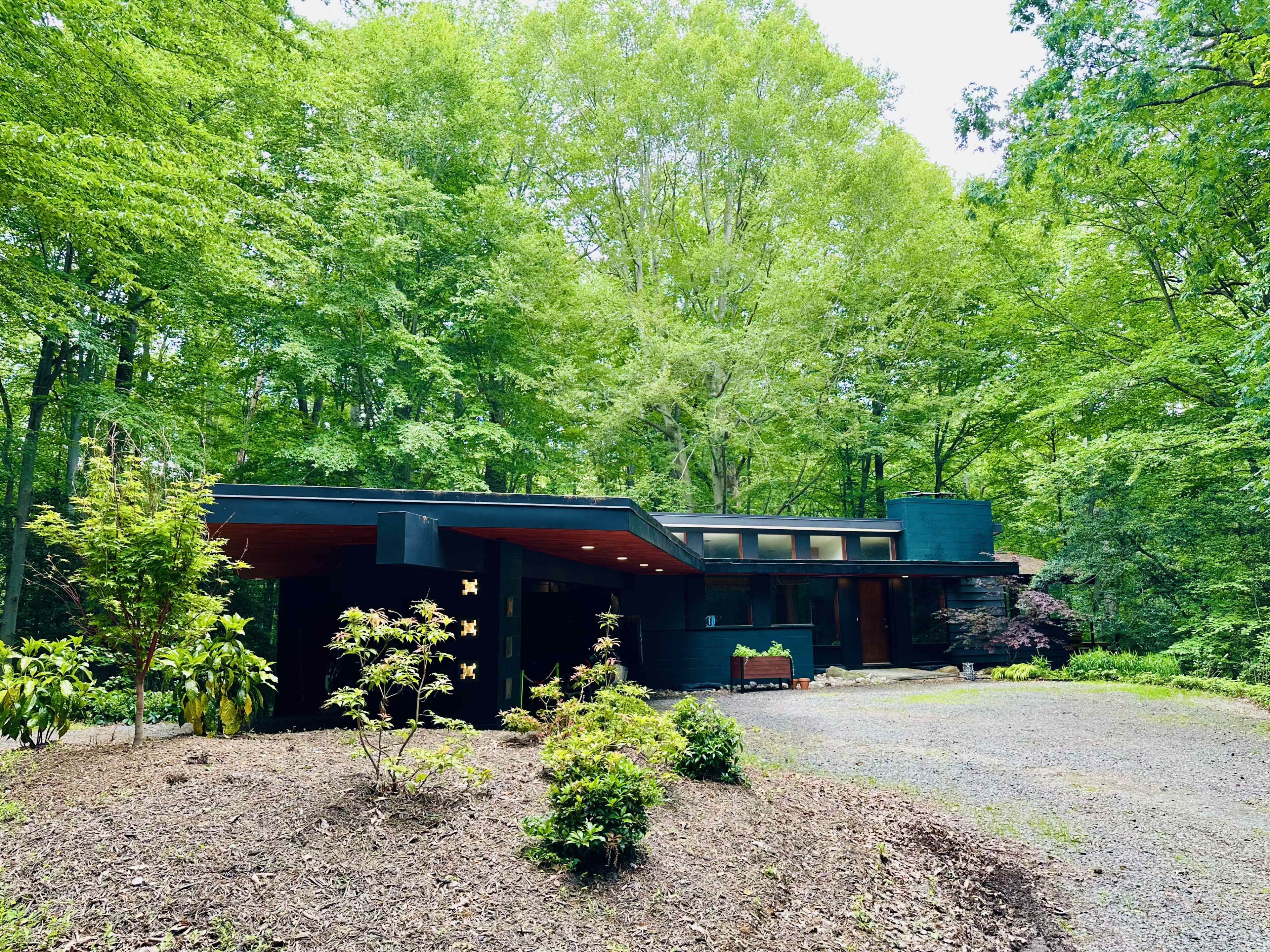 A modern house with a dark exterior is surrounded by dense green trees and shrubs.