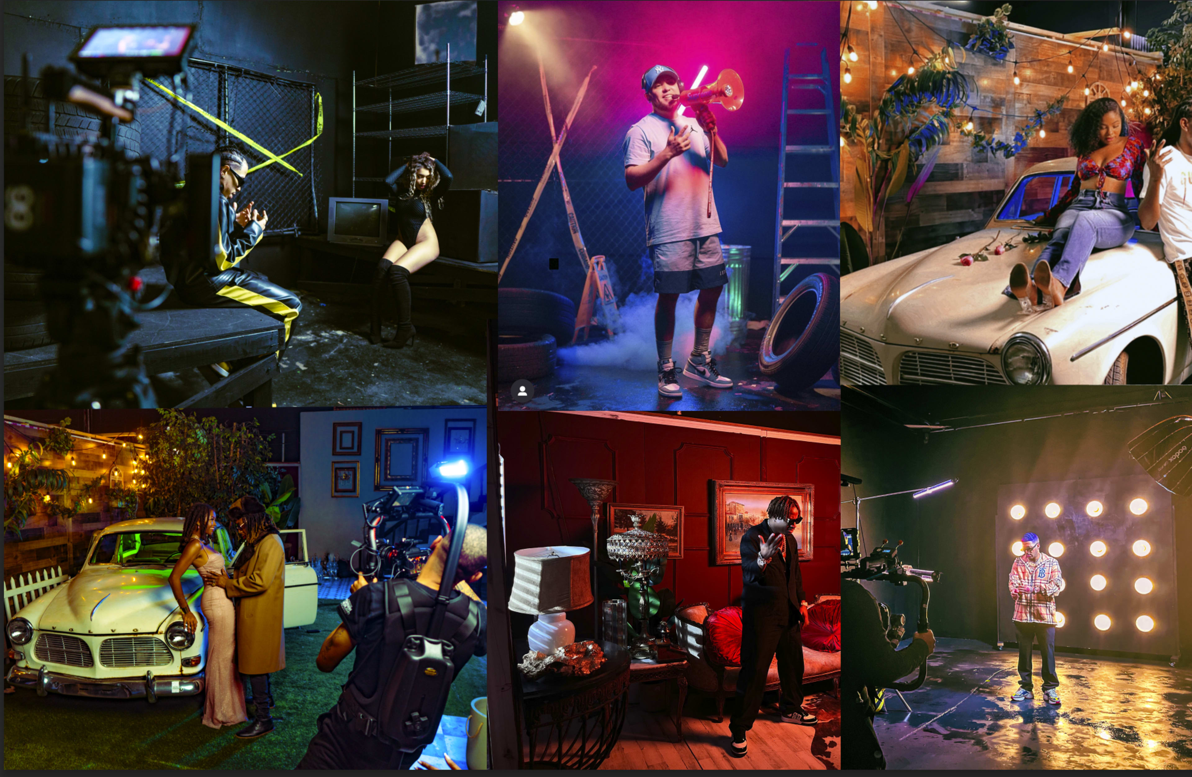 A collage of various scenes featuring individuals performing or posing in creatively set backgrounds, including a studio with lights, an old car, and stylized indoor environments.
