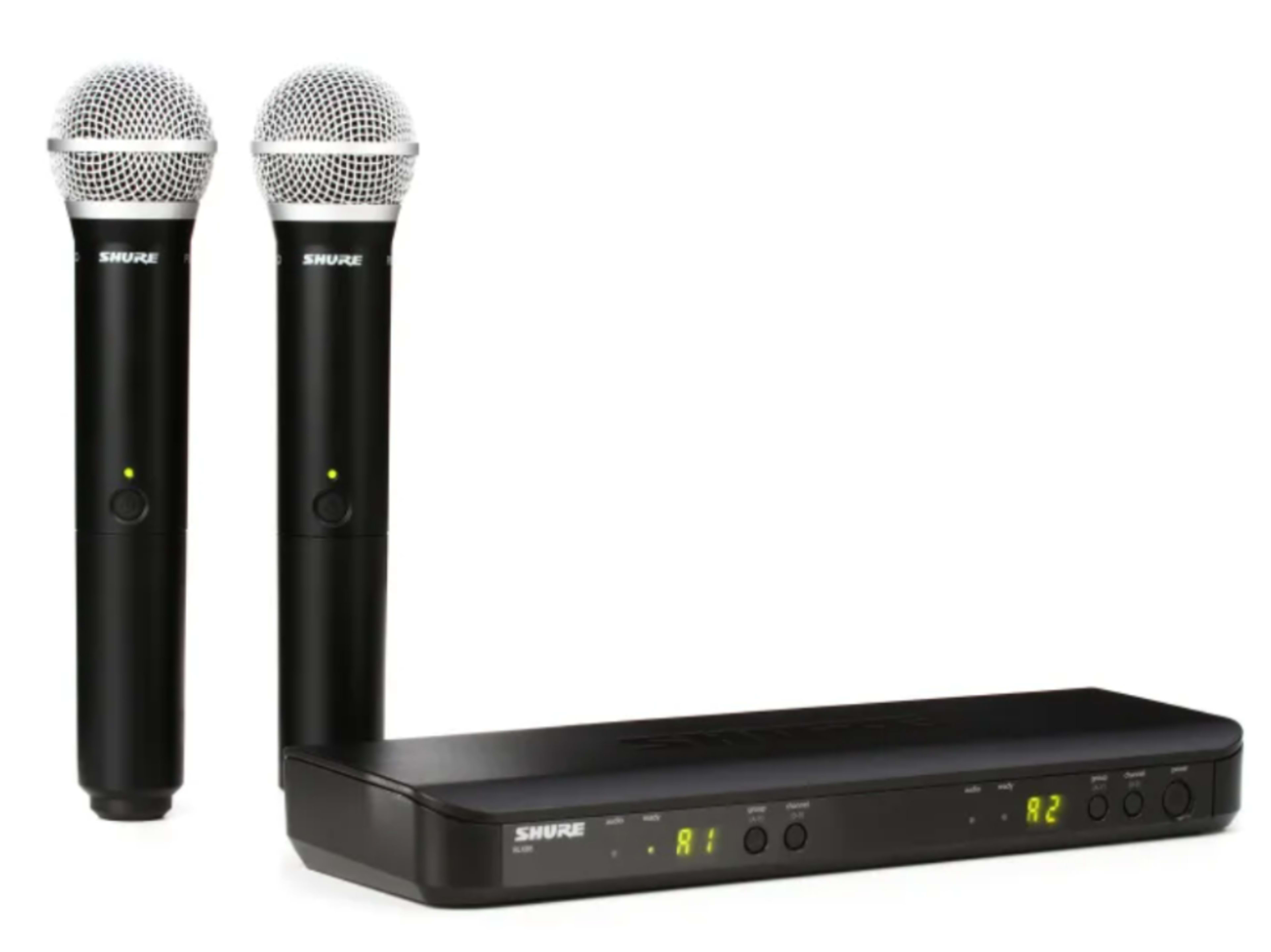 Shure Wireless Mics, x2 12" speakers, Mixing Board