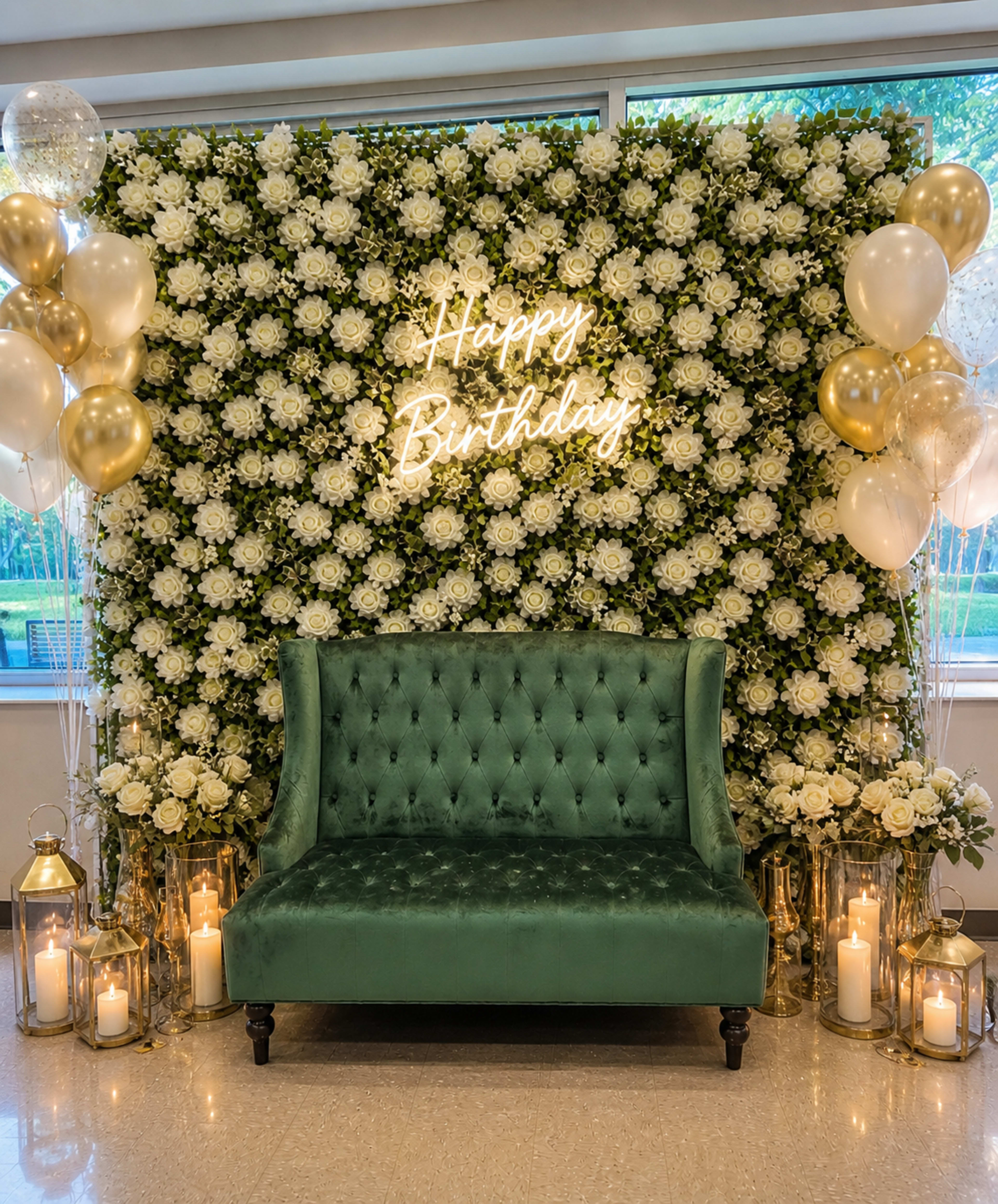The image features a green tufted sofa in front of a floral backdrop with white flowers and a neon sign that reads "Happy Birthday," accompanied by gold and white balloons and decorative lanterns with candles.