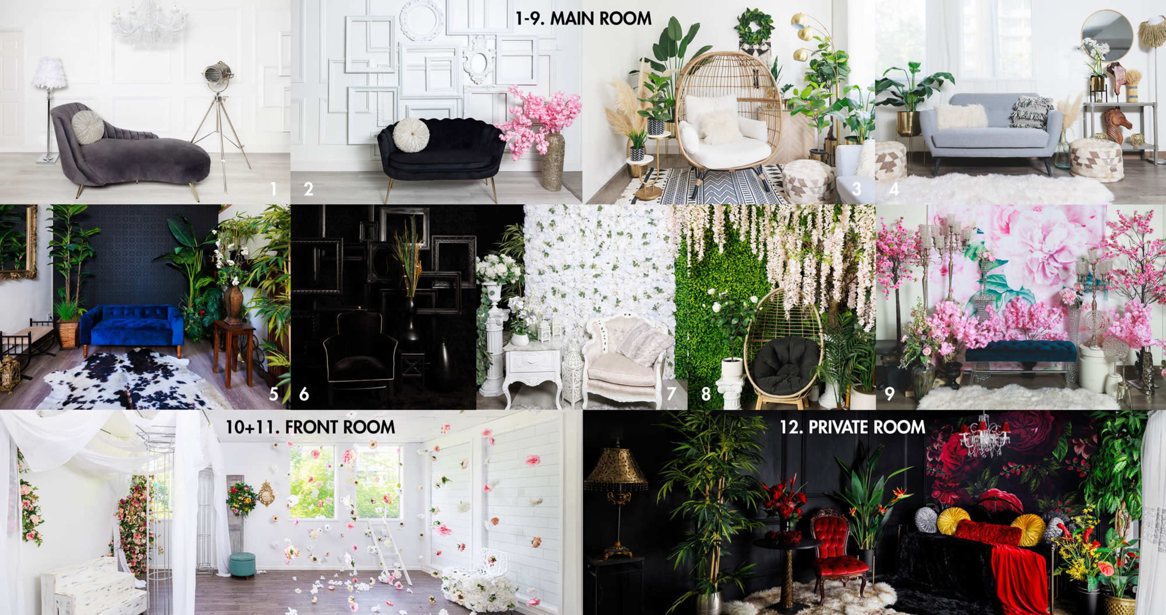 The image displays a series of nine distinct room setups featuring various styles of furniture and decorative elements, arranged in a grid format.