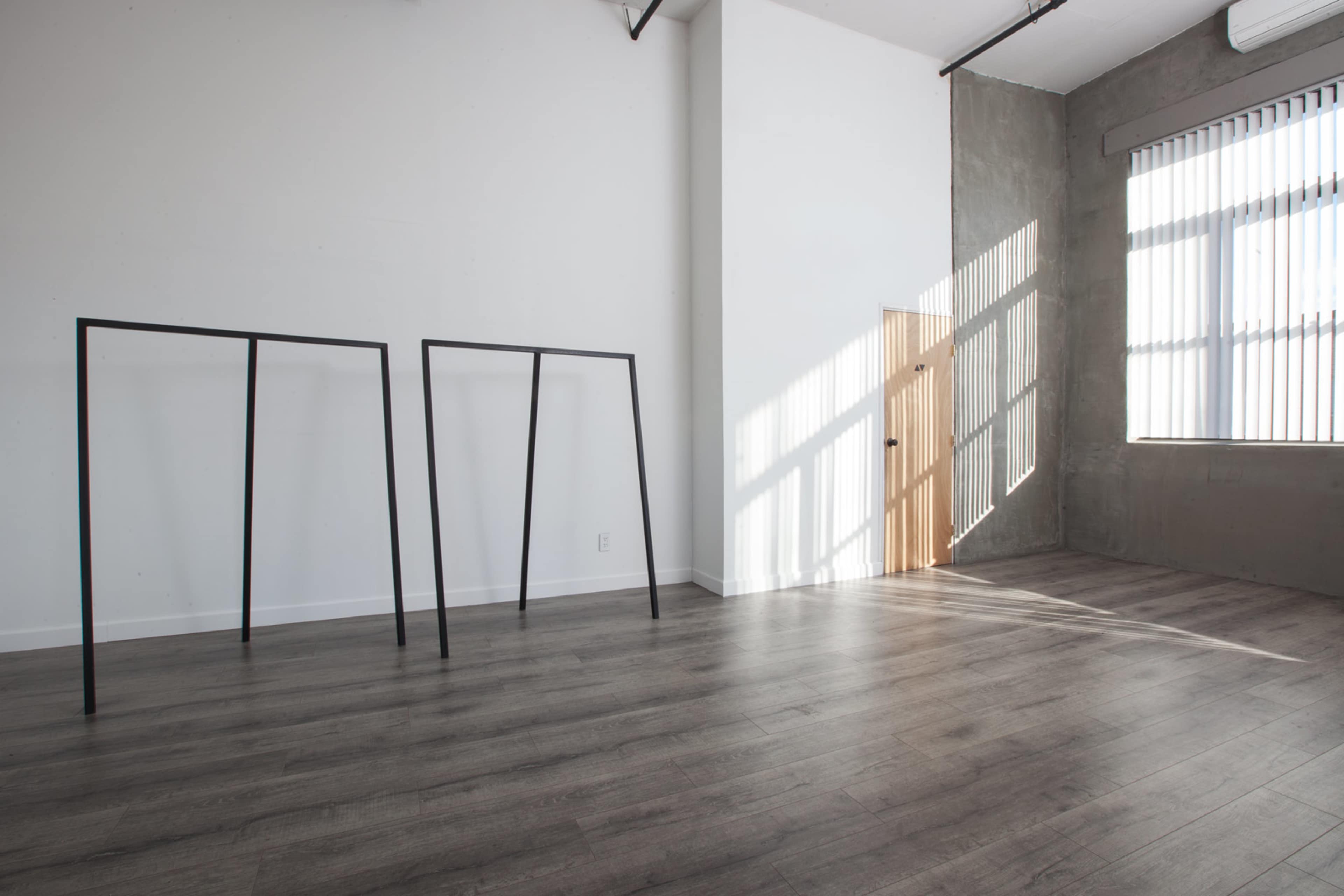 An empty room with wooden flooring, two black frames, and a door leading to another space with light streaming through the windows.