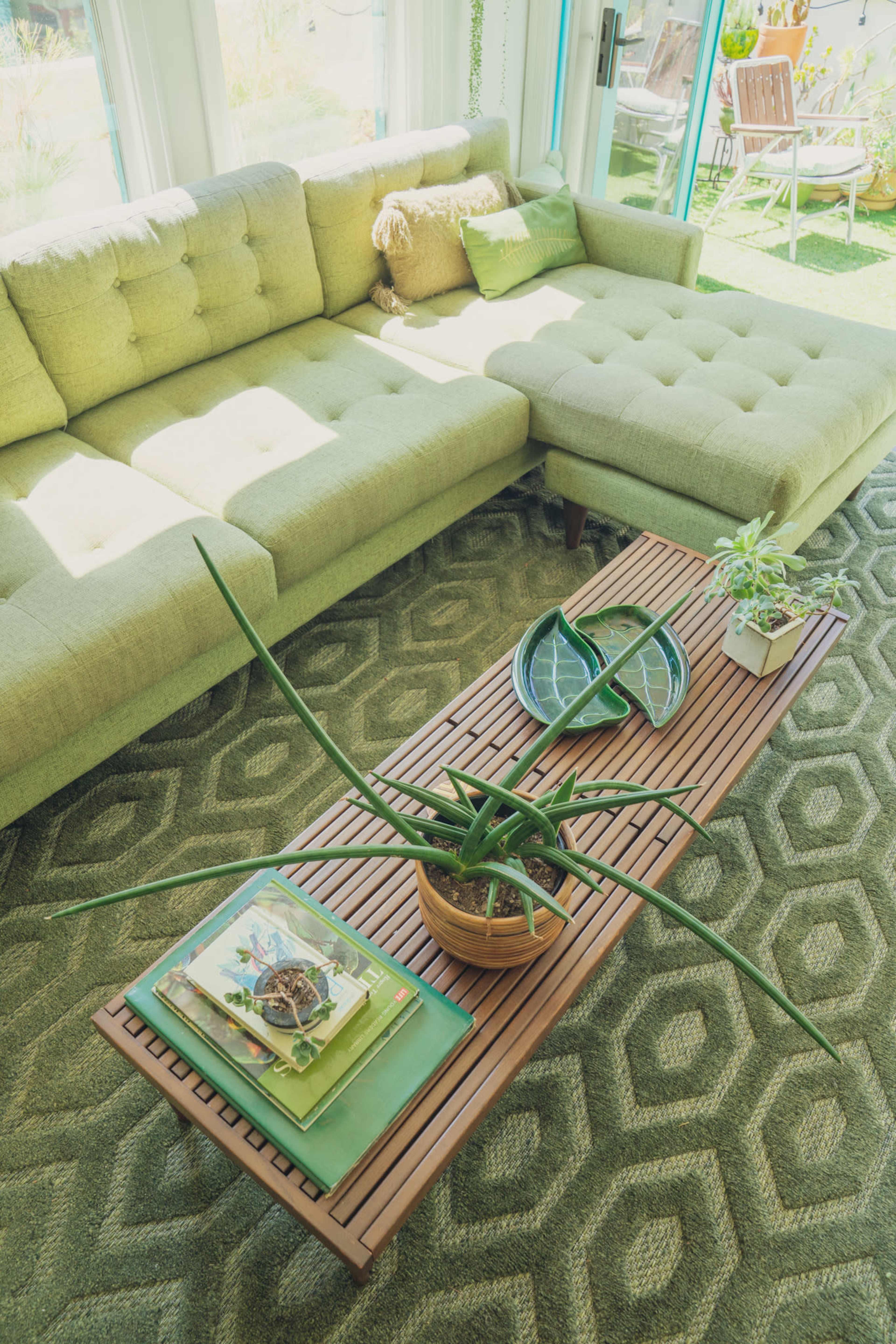 A light green sectional sofa is positioned next to a wooden coffee table with a potted plant and decorative books, all set on a patterned green area rug.