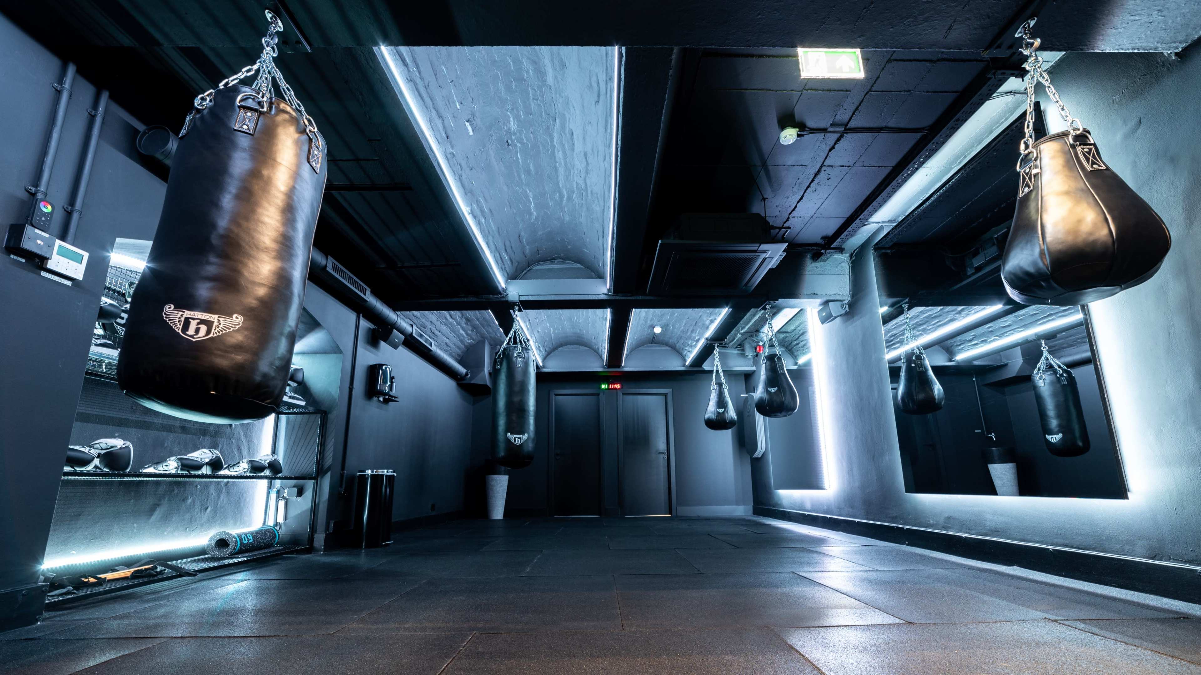 The image shows a boxing gym with multiple hanging punching bags, dim lighting, and a minimalist design.