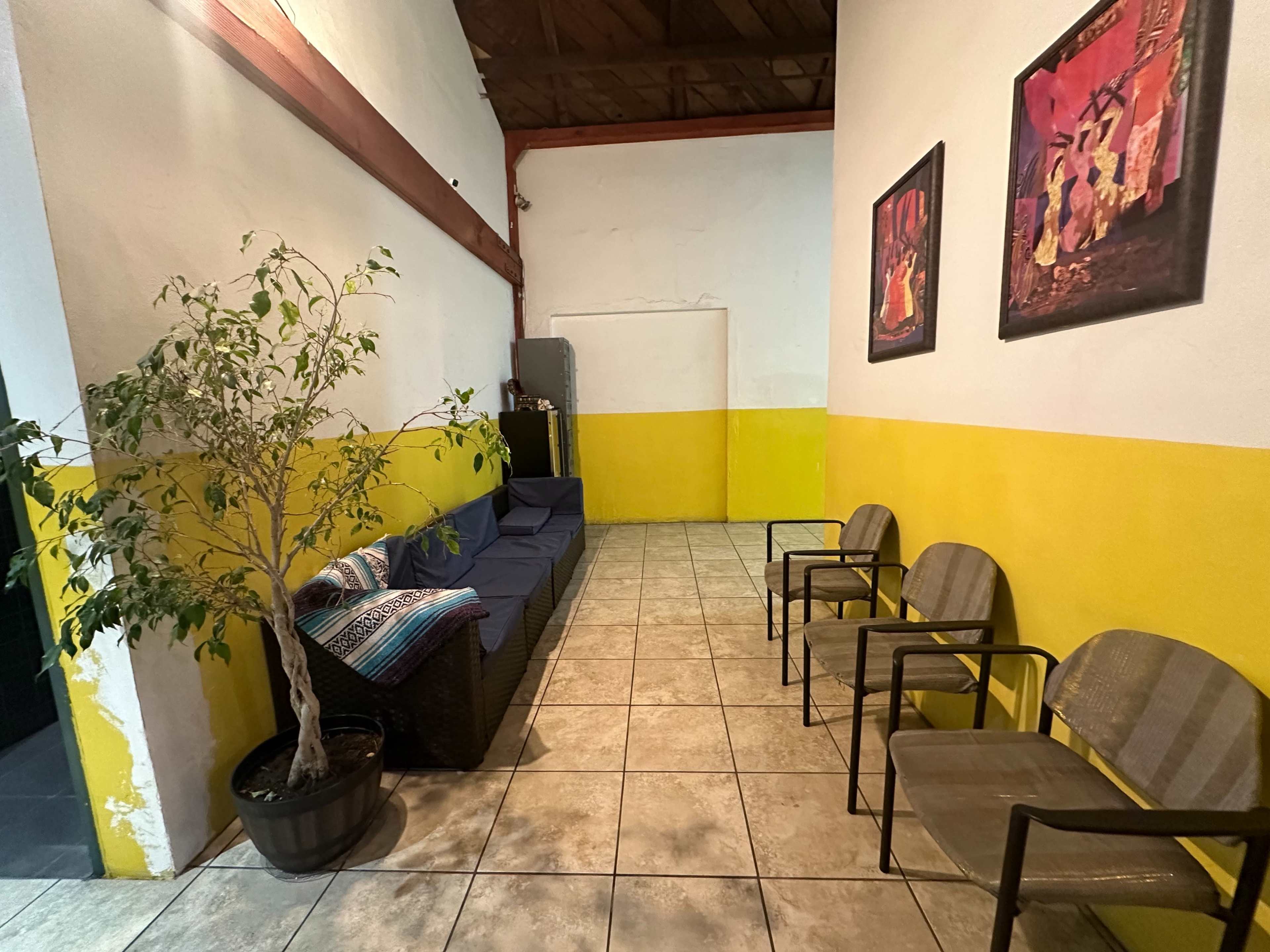 The image shows a small waiting area with a yellow-accented wall, a plant in a pot, a sofa with cushions on one side, and several metal chairs arranged on the opposite side.