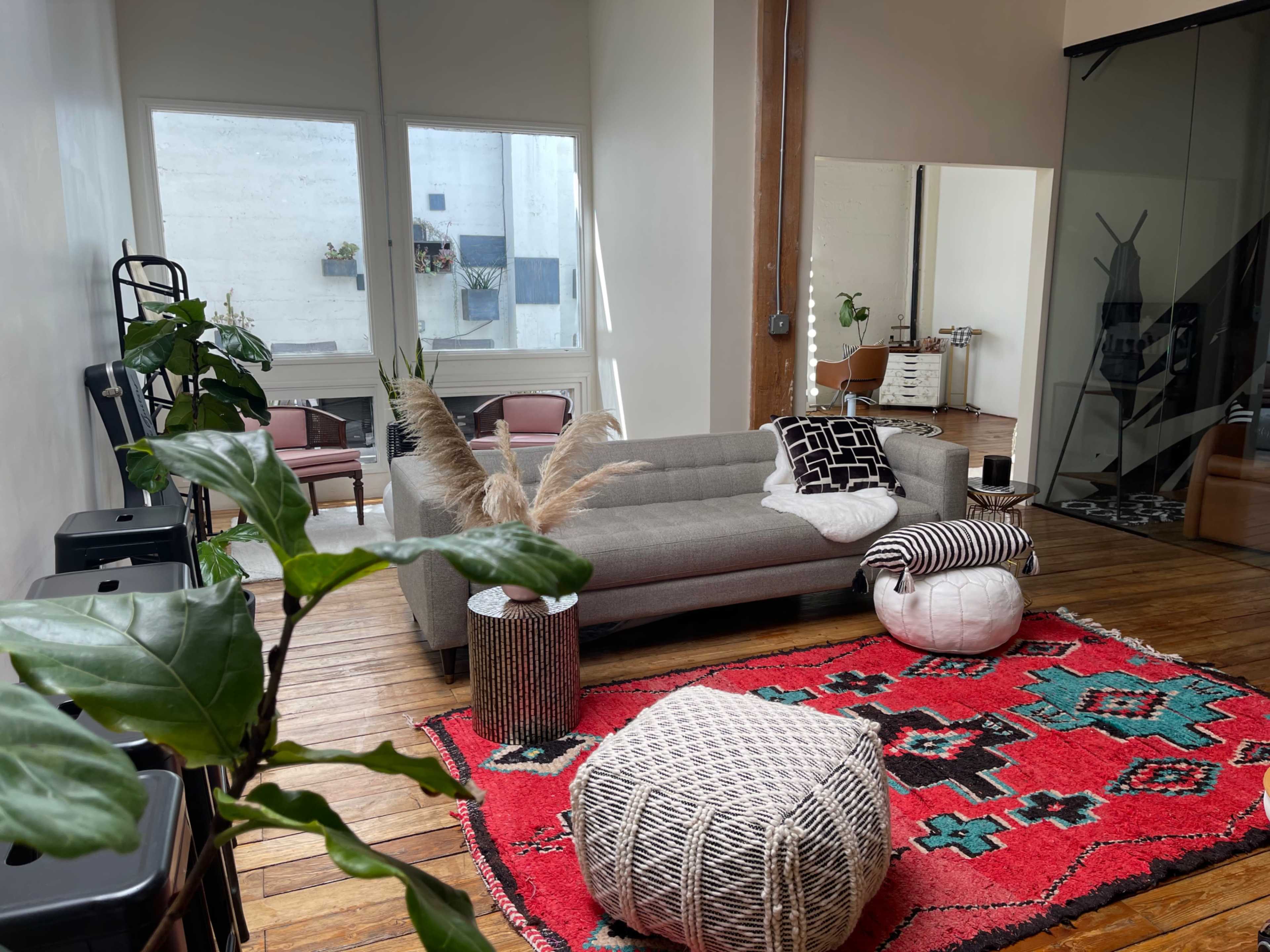 A modern living room featuring a gray sofa, a patterned red area rug, and several decorative elements like cushions and plants.