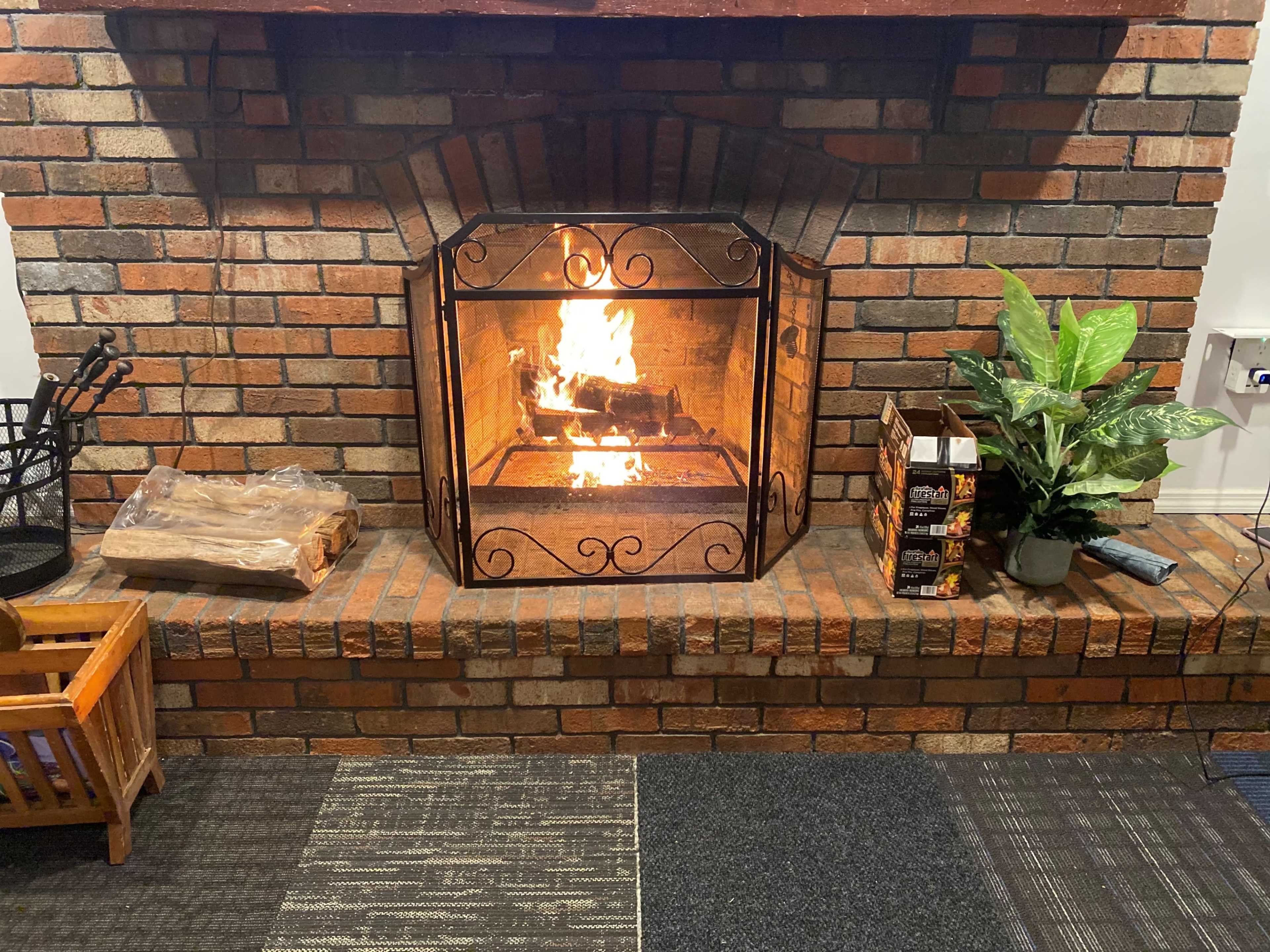 A brick fireplace with a metal grate holds a burning fire, surrounded by firewood, a potted plant, and a box on a textured floor.