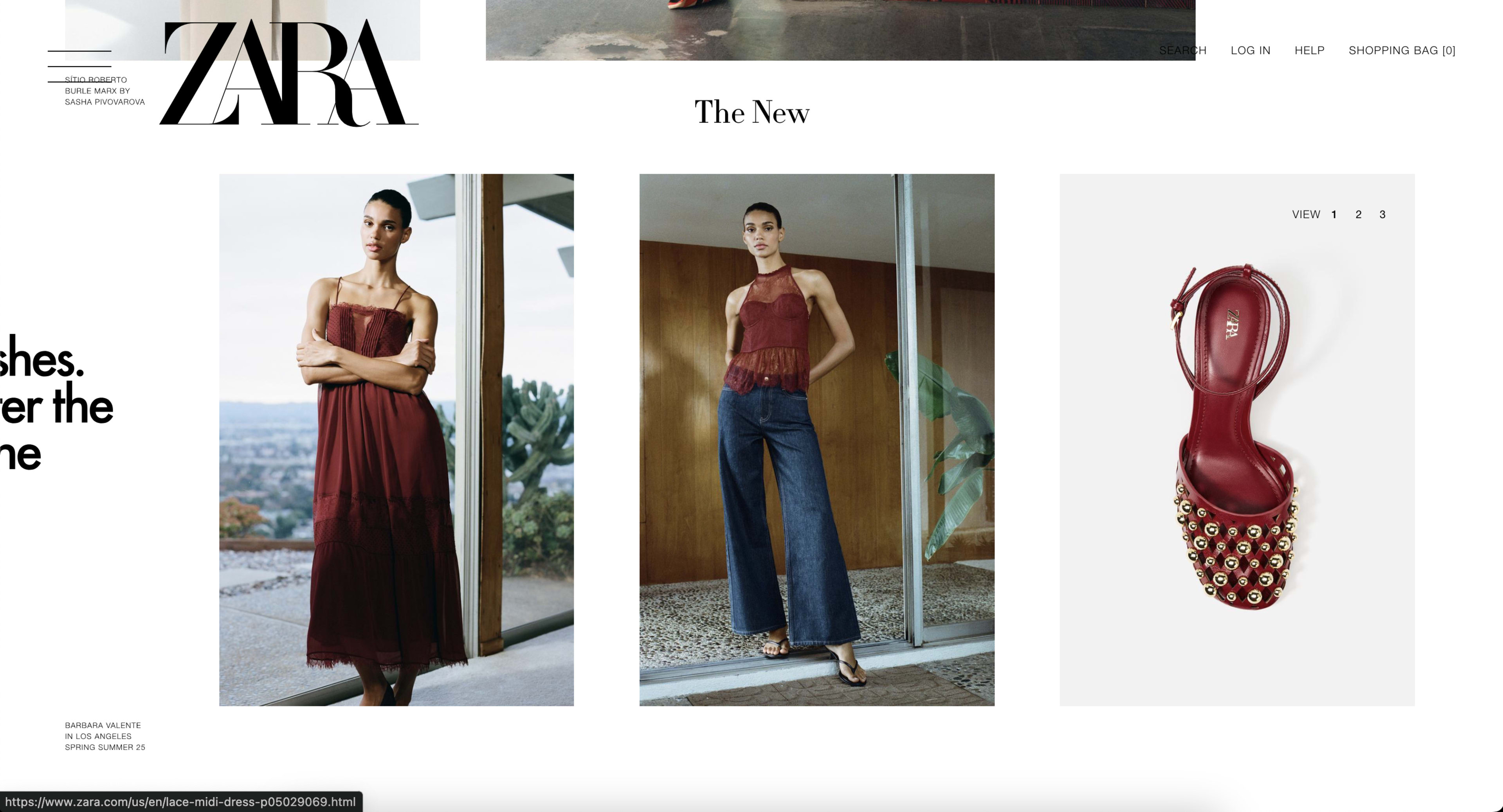 The image showcases a fashion promotional layout featuring three outfits: a burgundy dress, a top paired with wide-leg jeans, and a red sandal embellished with pearls.