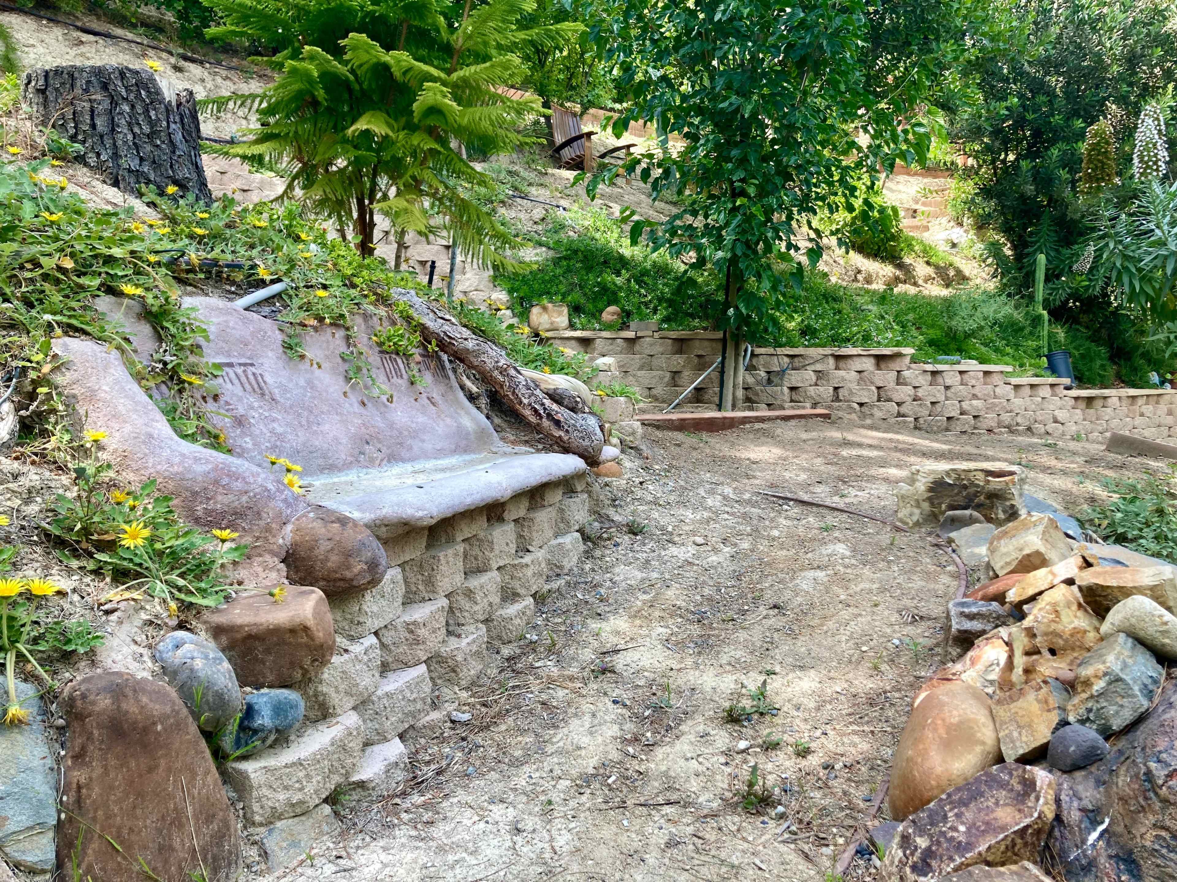 A rustic stone bench surrounded by overgrown vegetation and a path leading through a garden area.
