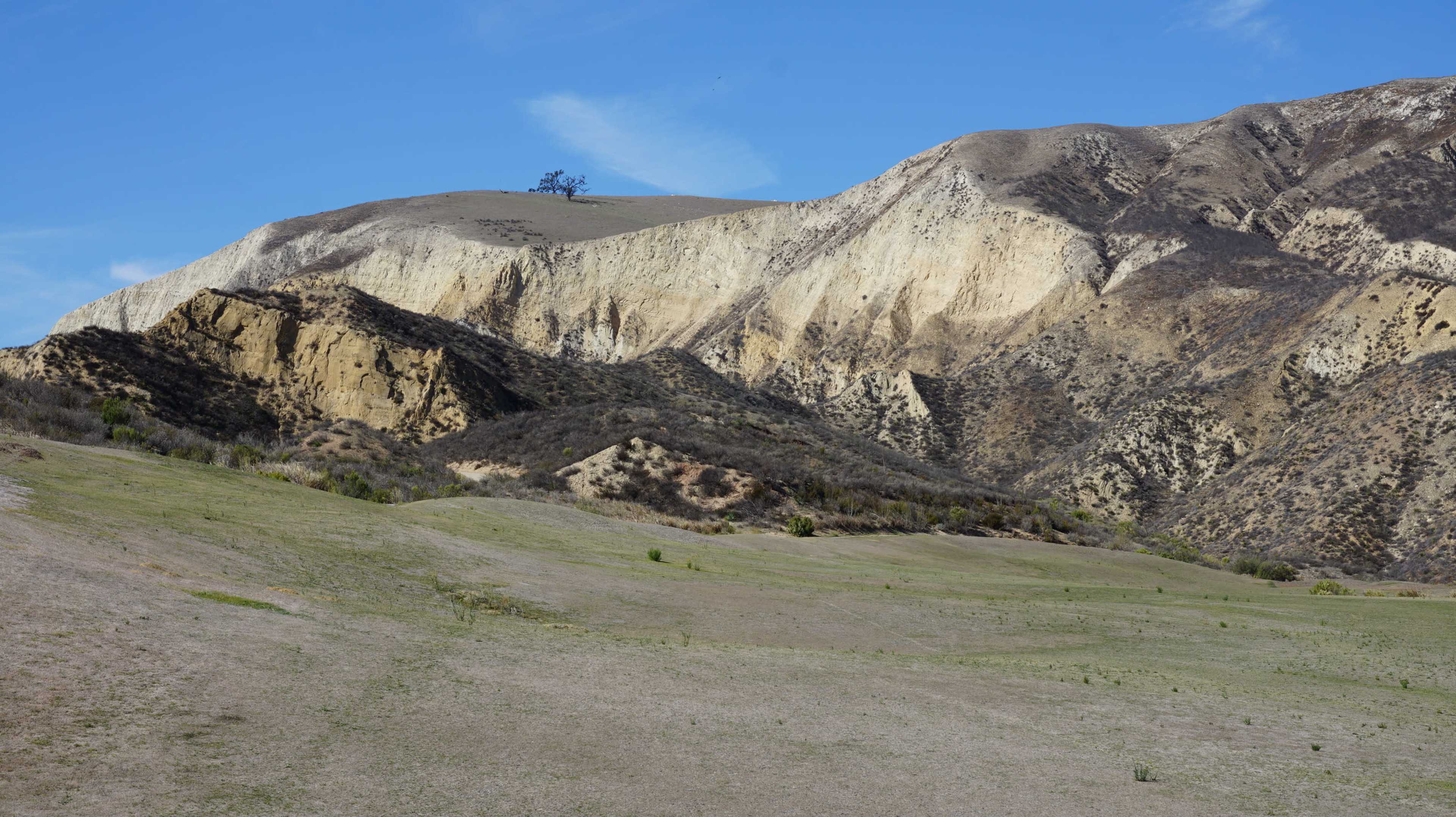 A dry landscape features a distant hill with a solitary tree atop a rocky ridge under a clear blue sky.