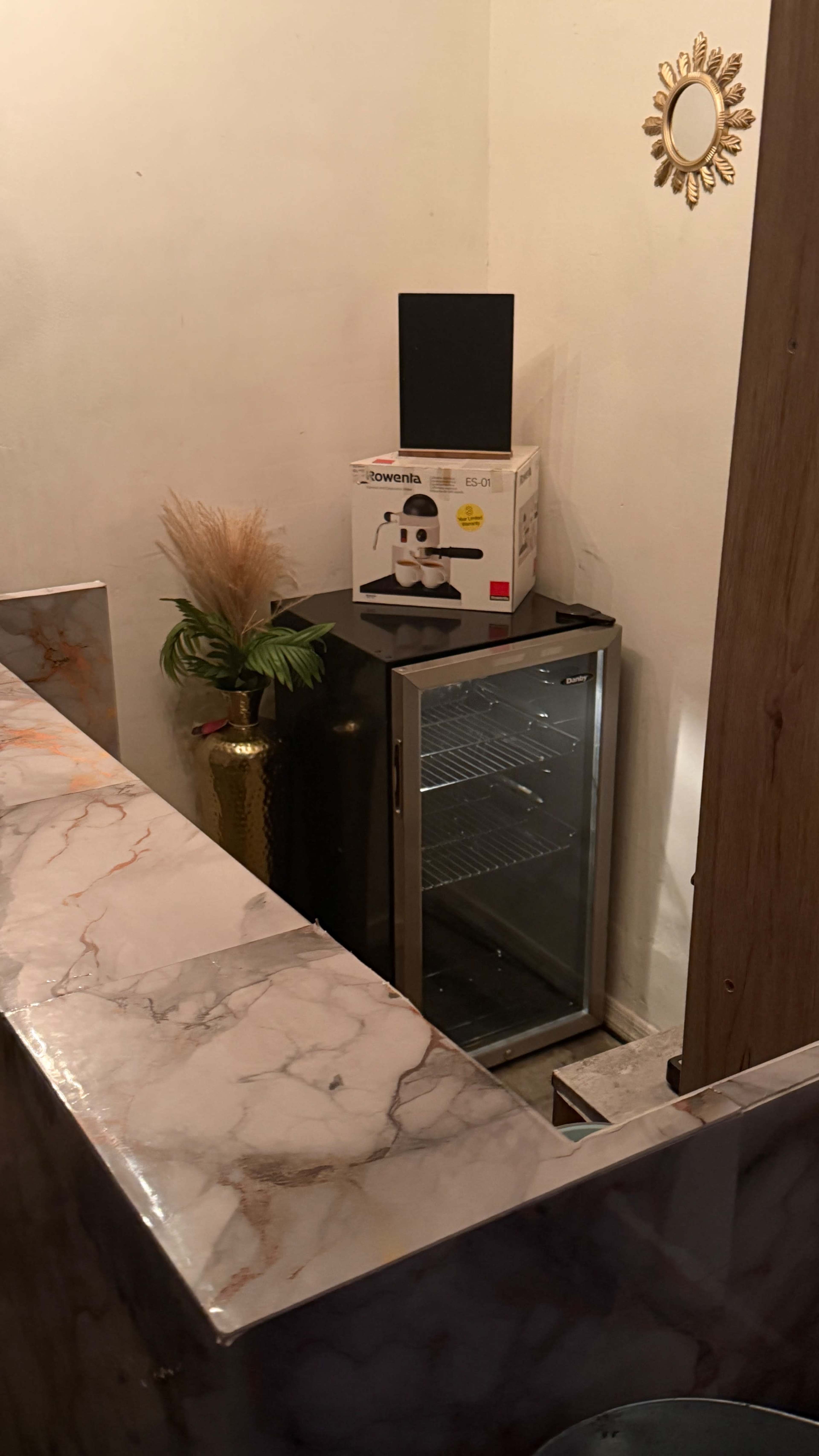 A small refrigerator is positioned next to a potted plant and a boxed appliance on a countertop with a marble finish.