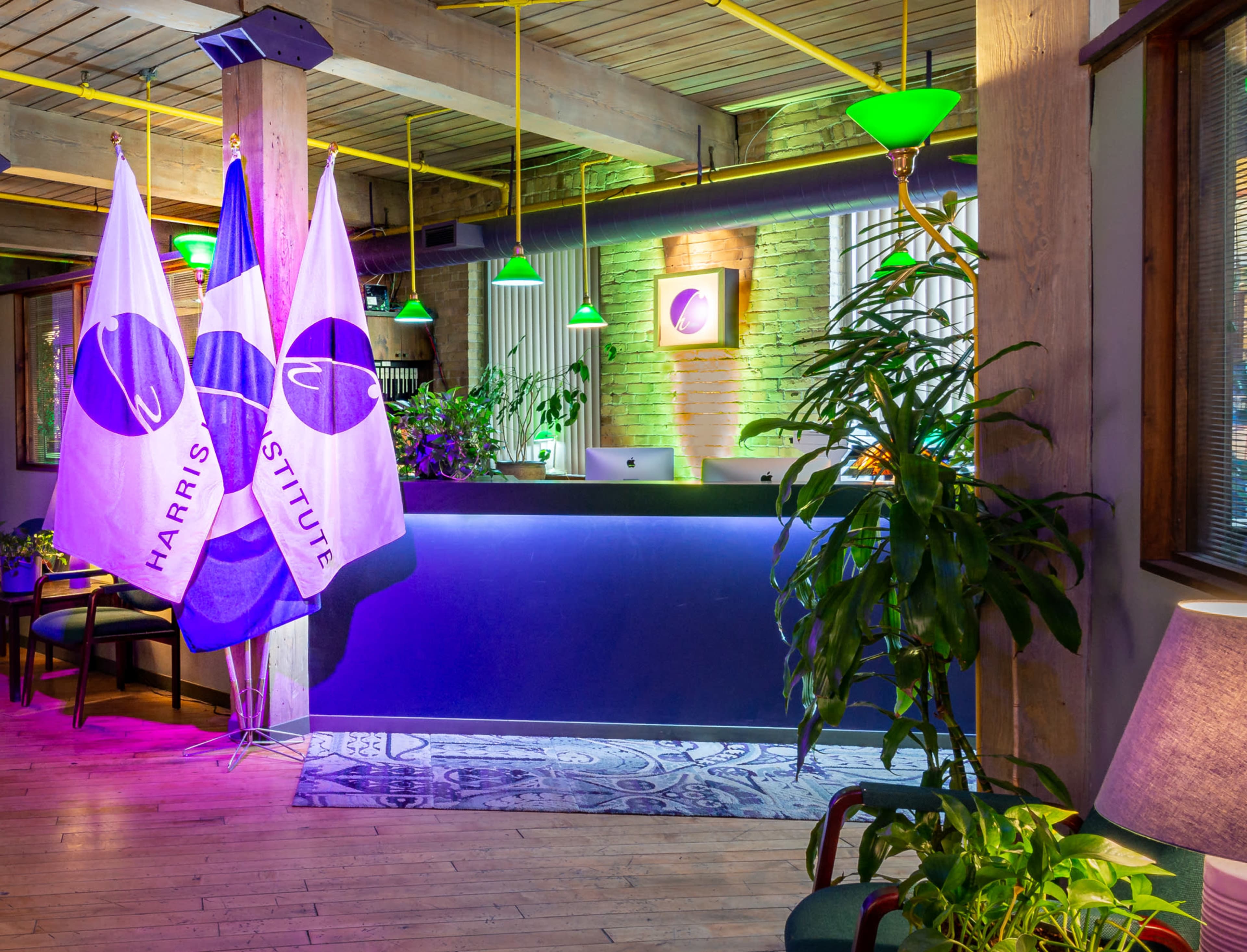 A modern reception area with purple and green lighting, featuring flags displaying the names of a school and a large plant near a seating area.