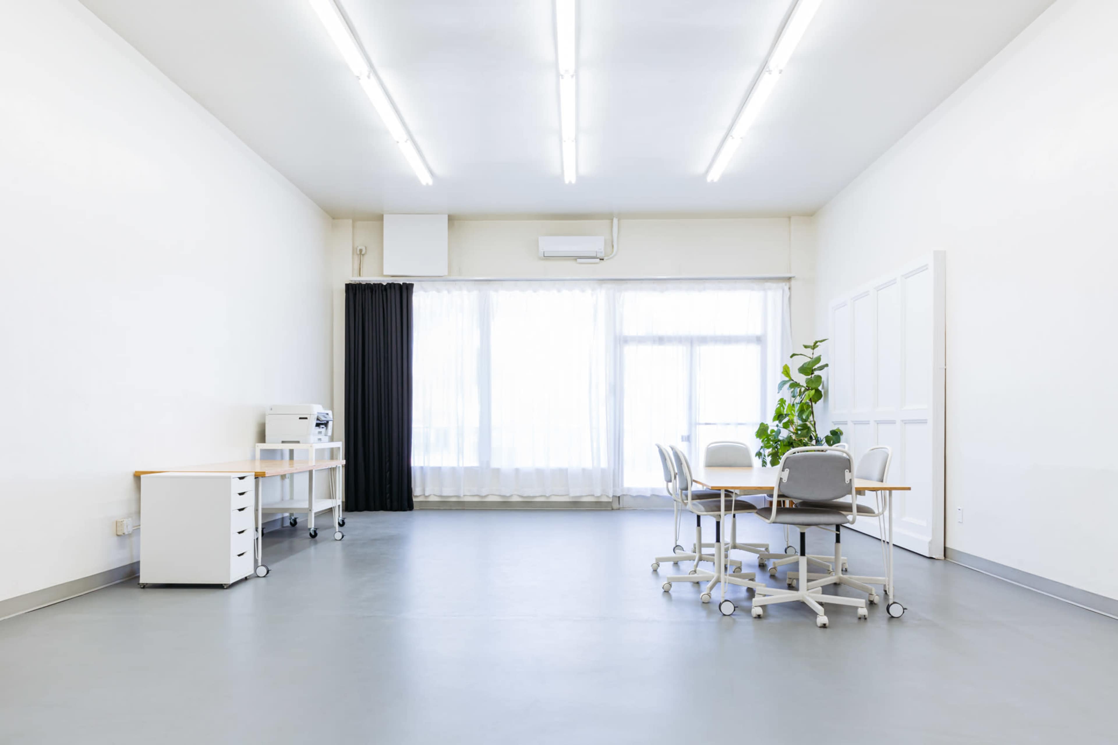 A minimally furnished office space features a large window, a potted plant, a table with chairs, and a printer on a rolling cart.