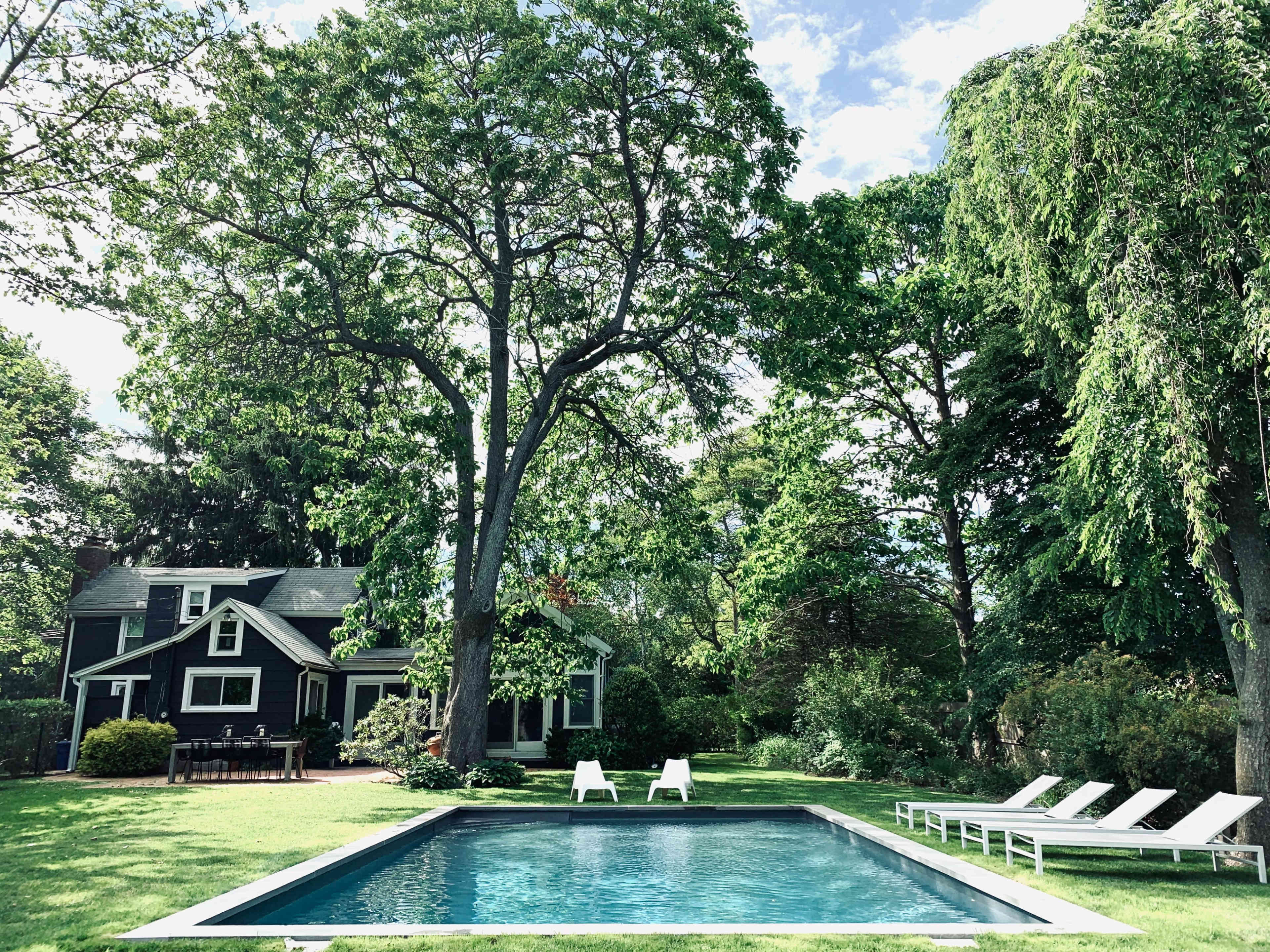 A black house with a swimming pool surrounded by green grass and tall trees.