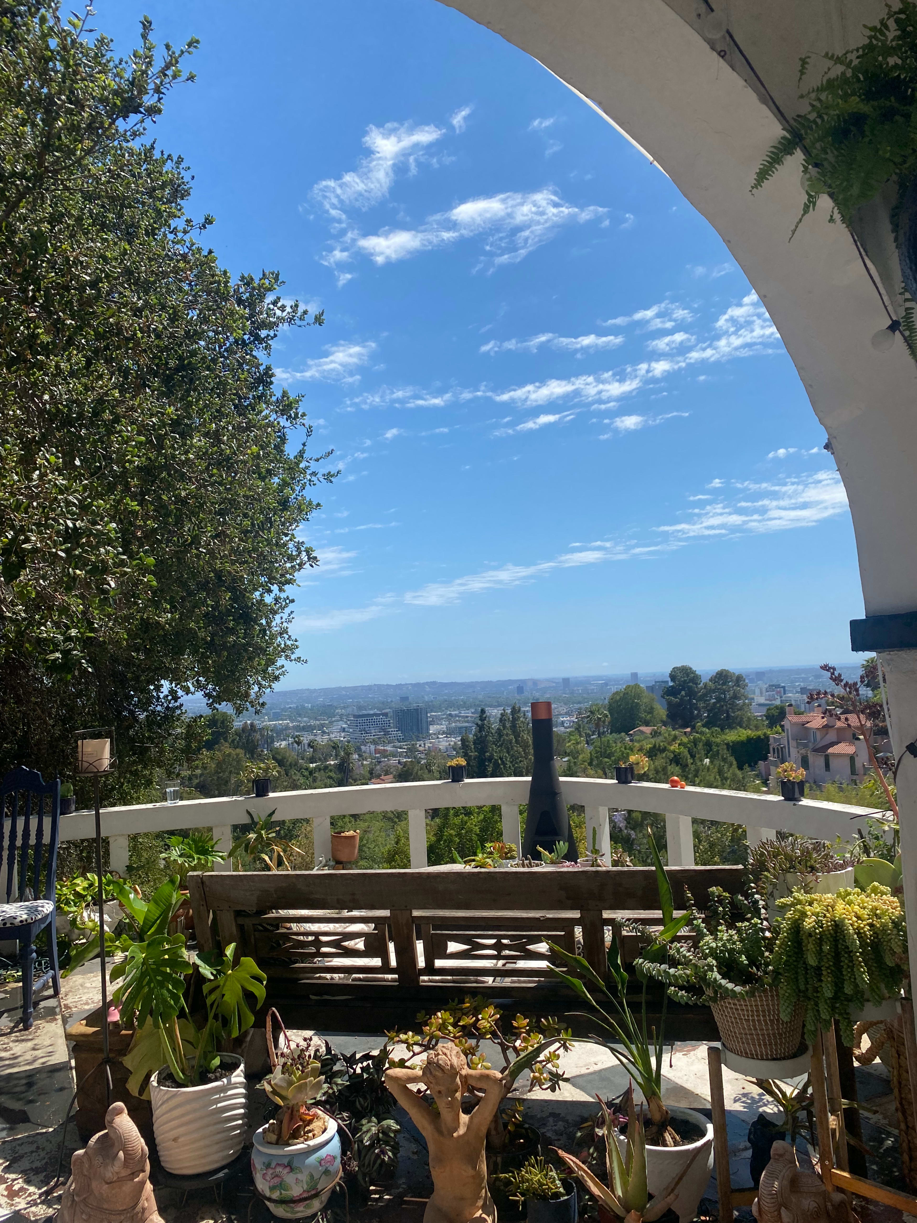 A wooden bench and various potted plants are arranged on a terrace with a view of a cityscape under a blue sky.