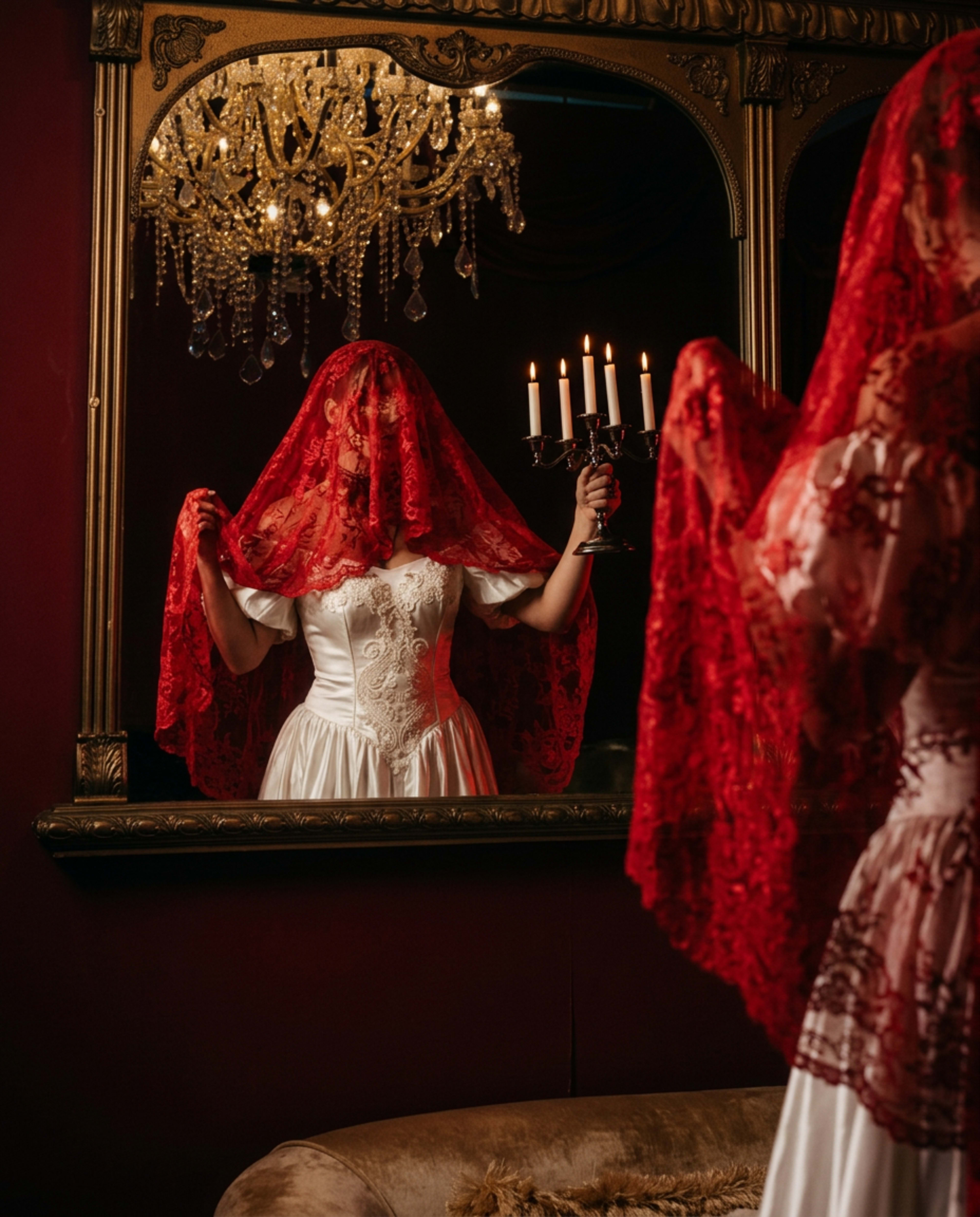 A person in a white dress holds a candelabrum while wearing a red lace veil in front of a mirror, with a chandelier reflecting in the background.