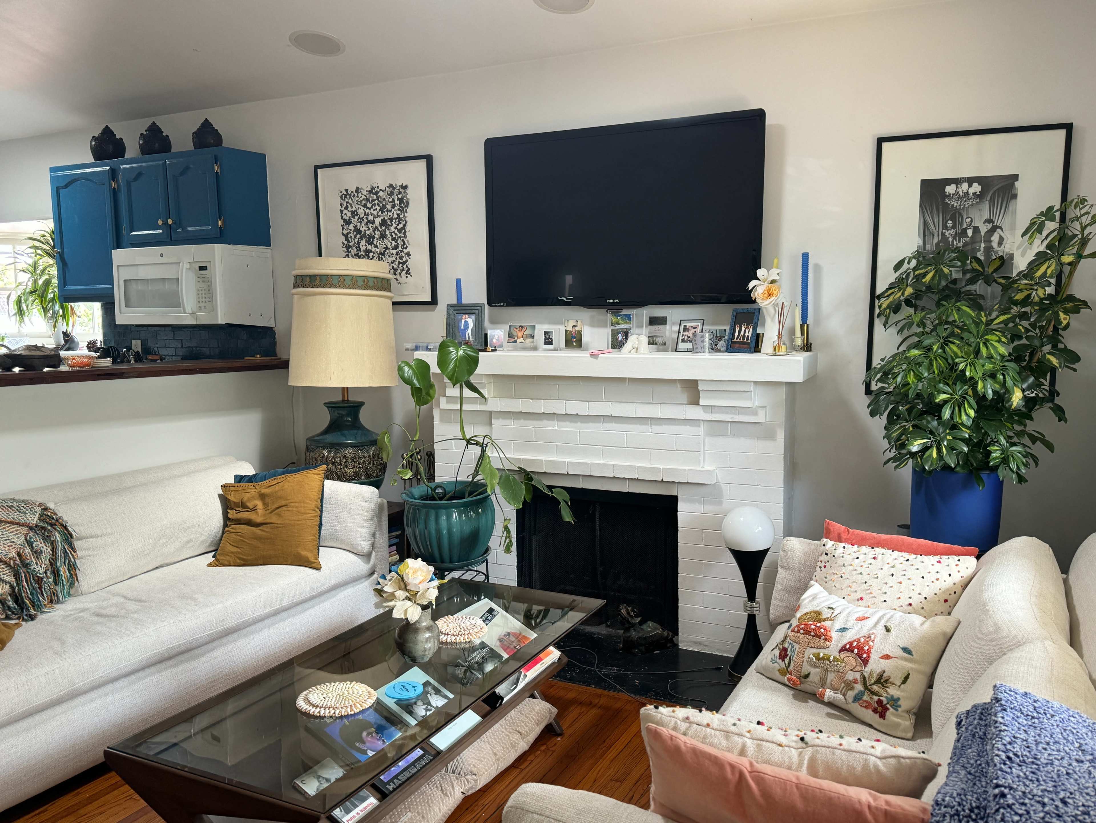 A cozy living room features two sofas, a coffee table, a fireplace with a TV above it, and decorative plants along with family photos on display.
