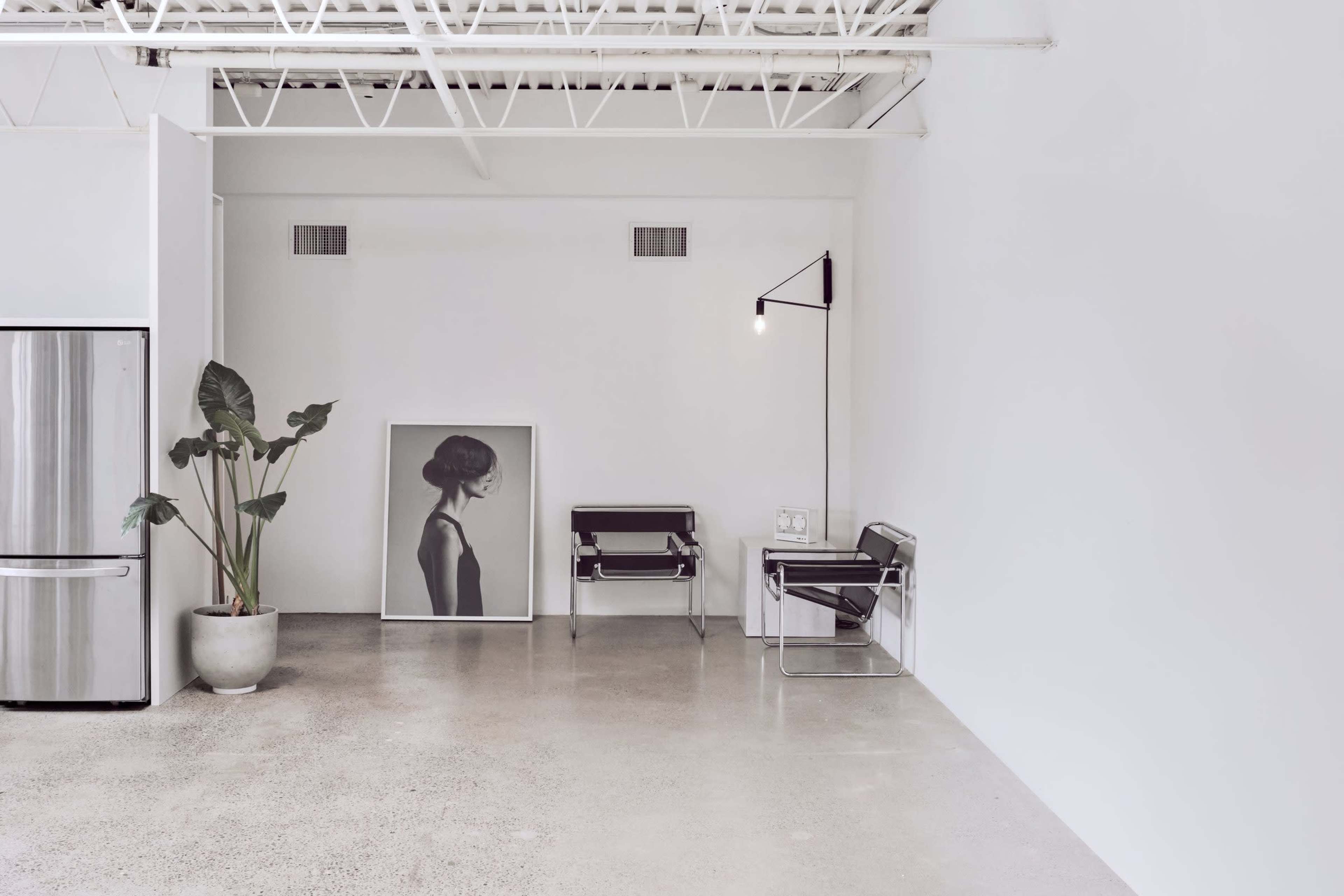 A minimalist interior features a large black-and-white portrait on the floor, a potted plant, a metal chair, and a metal side chair, all set against a white wall.