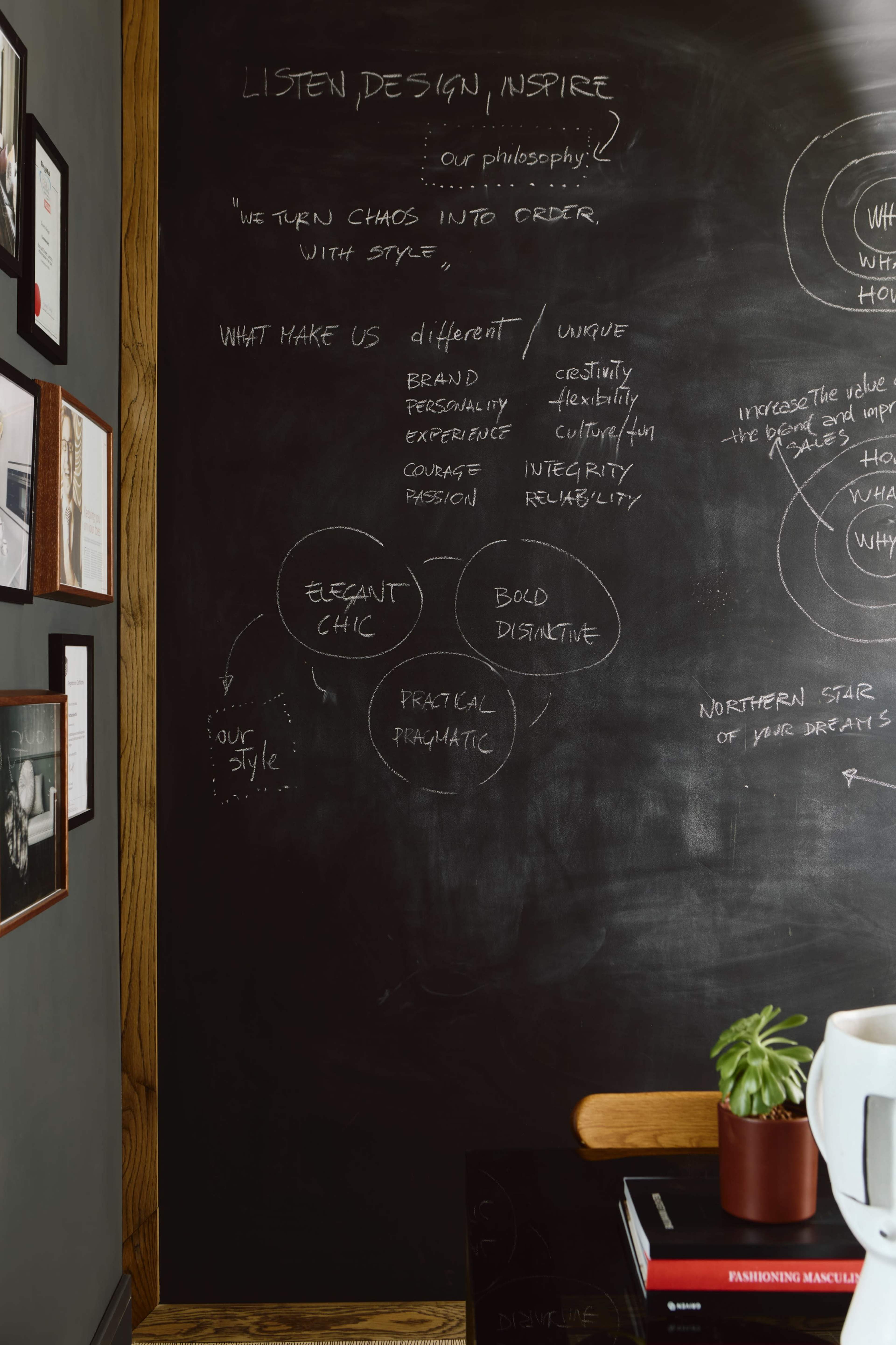 A chalkboard wall features handwritten notes outlining a design philosophy, key principles, and unique attributes in a creative workspace.