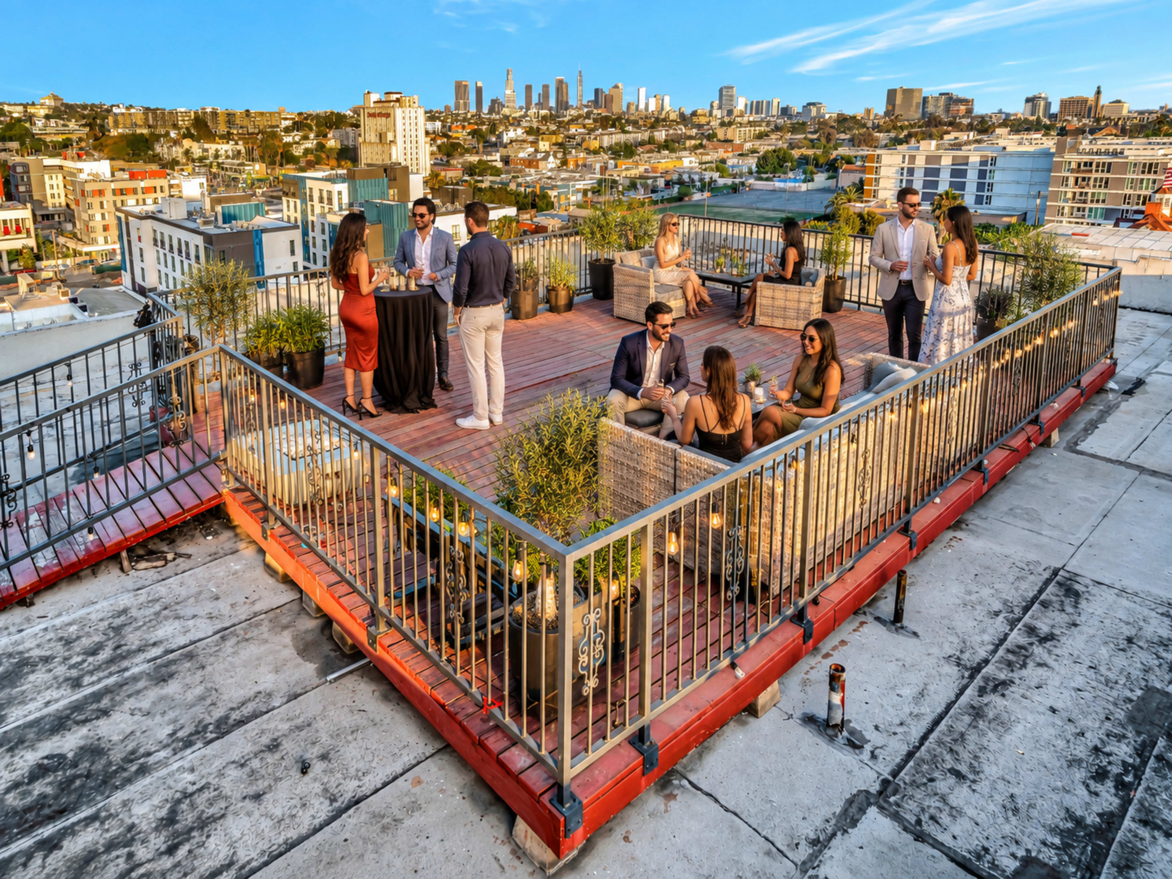 A group of people socialize on a rooftop terrace overlooking a city skyline.