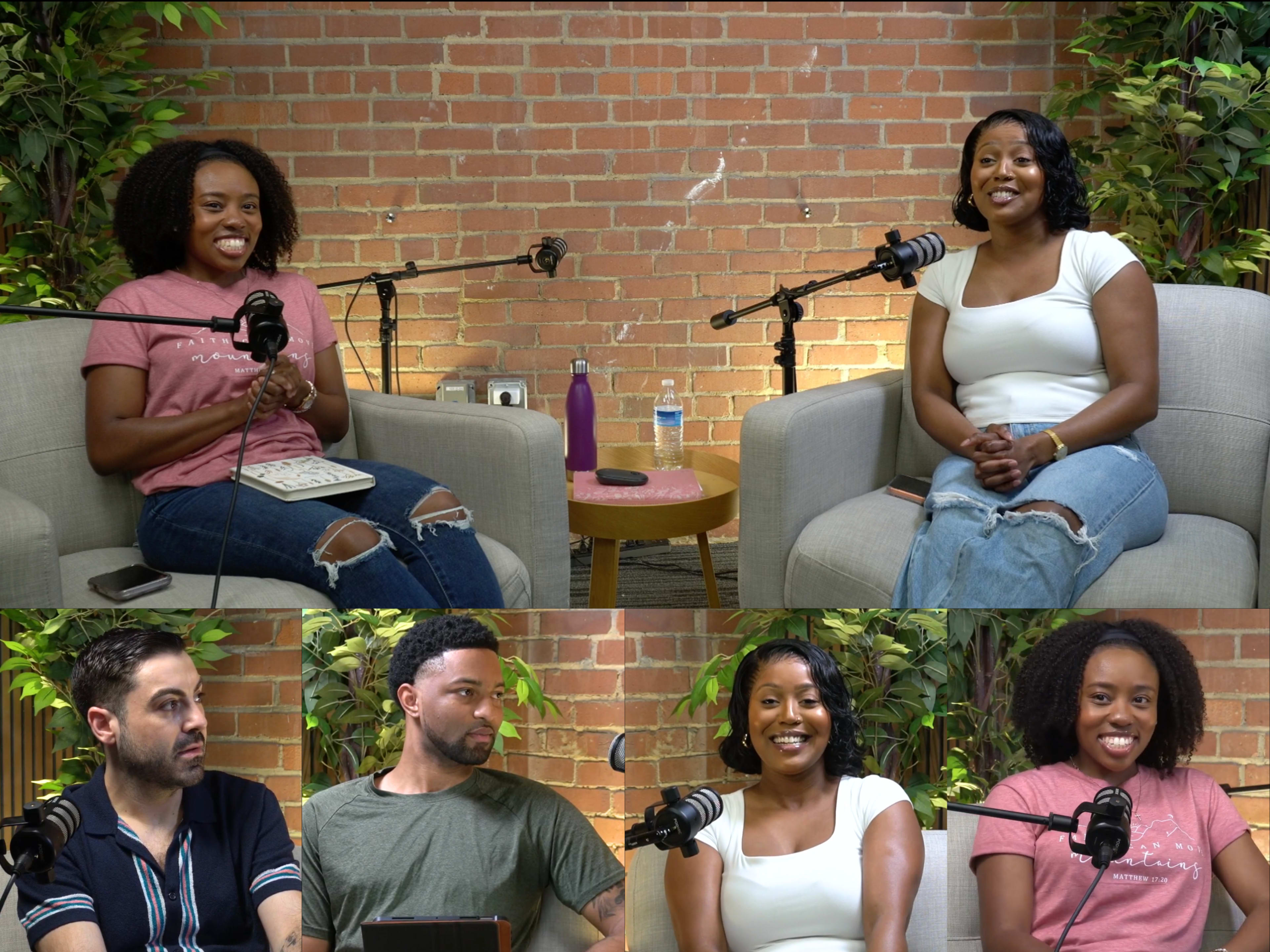 The image shows four people seated in a conversation setting, with two women and two men positioned around microphones in a room with brick walls and plants.