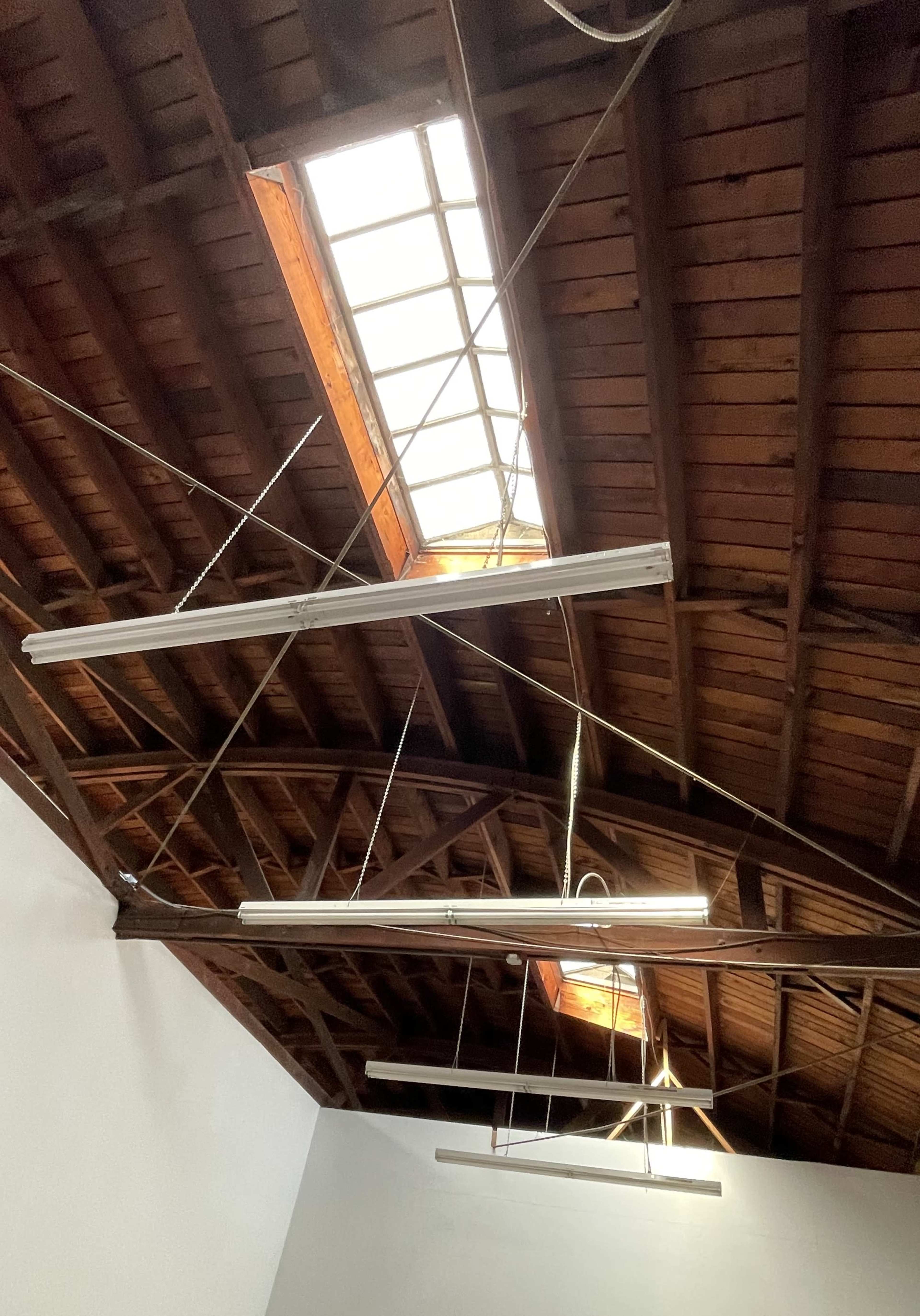 A high wooden ceiling with exposed beams and rectangular skylights, illuminated by linear pendant lights.