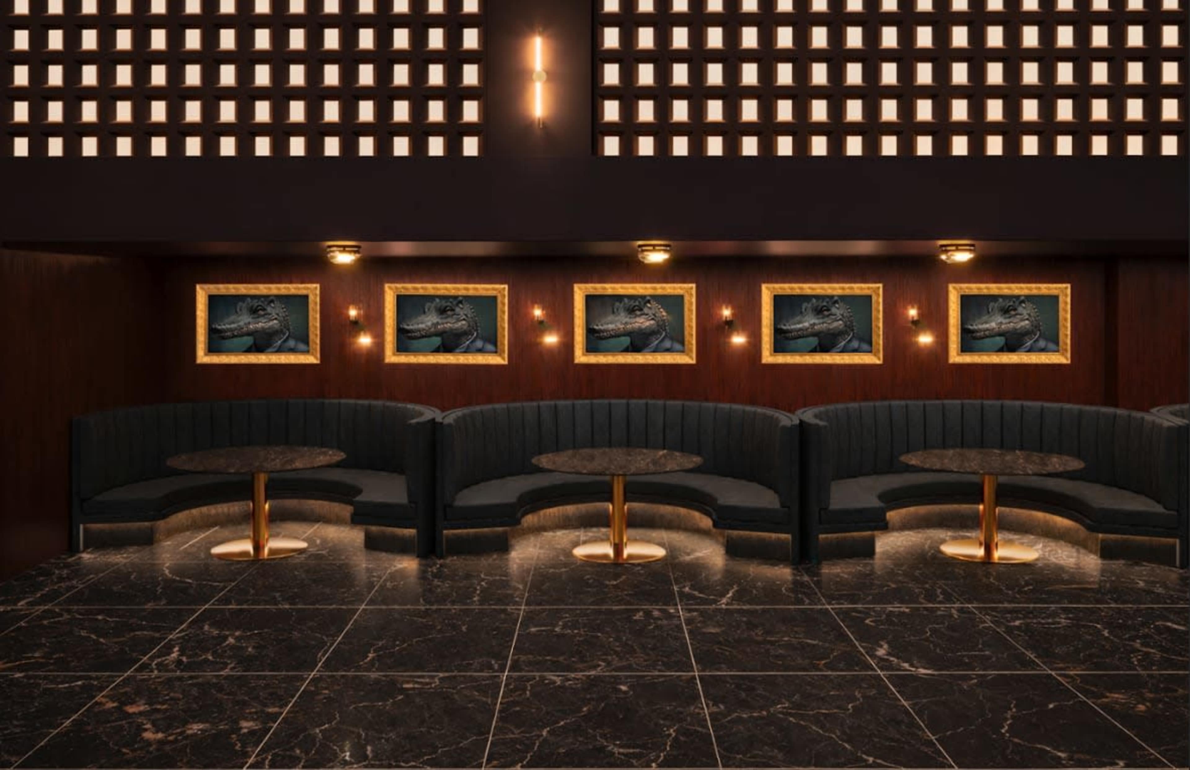 The image features a dimly lit lounge area with black marble floors, curved seating arrangements, and framed artwork of crocodiles on the walls.