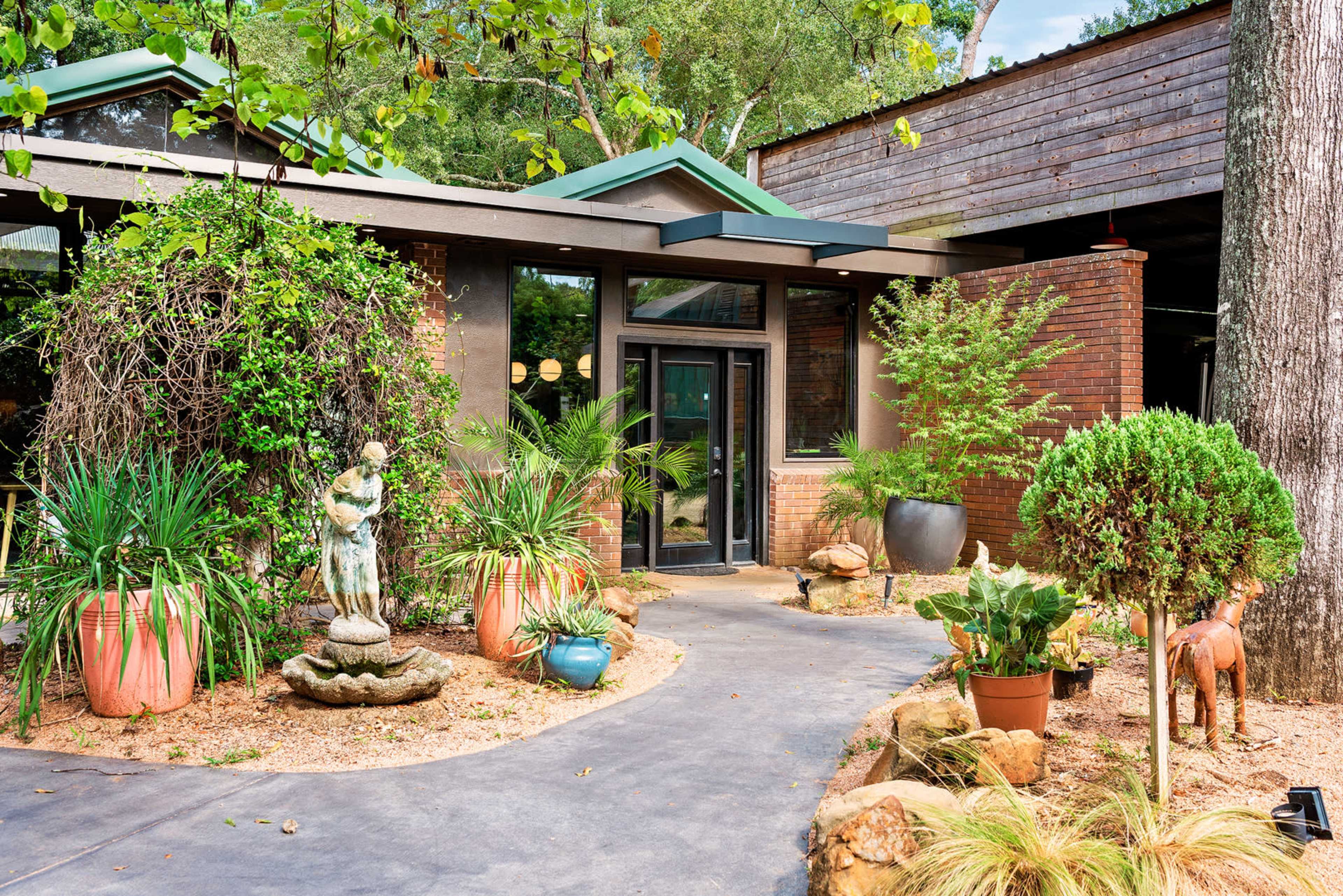 The image shows a landscaped pathway leading to a modern building entrance, adorned with various plants, decorative pots, and a statue.