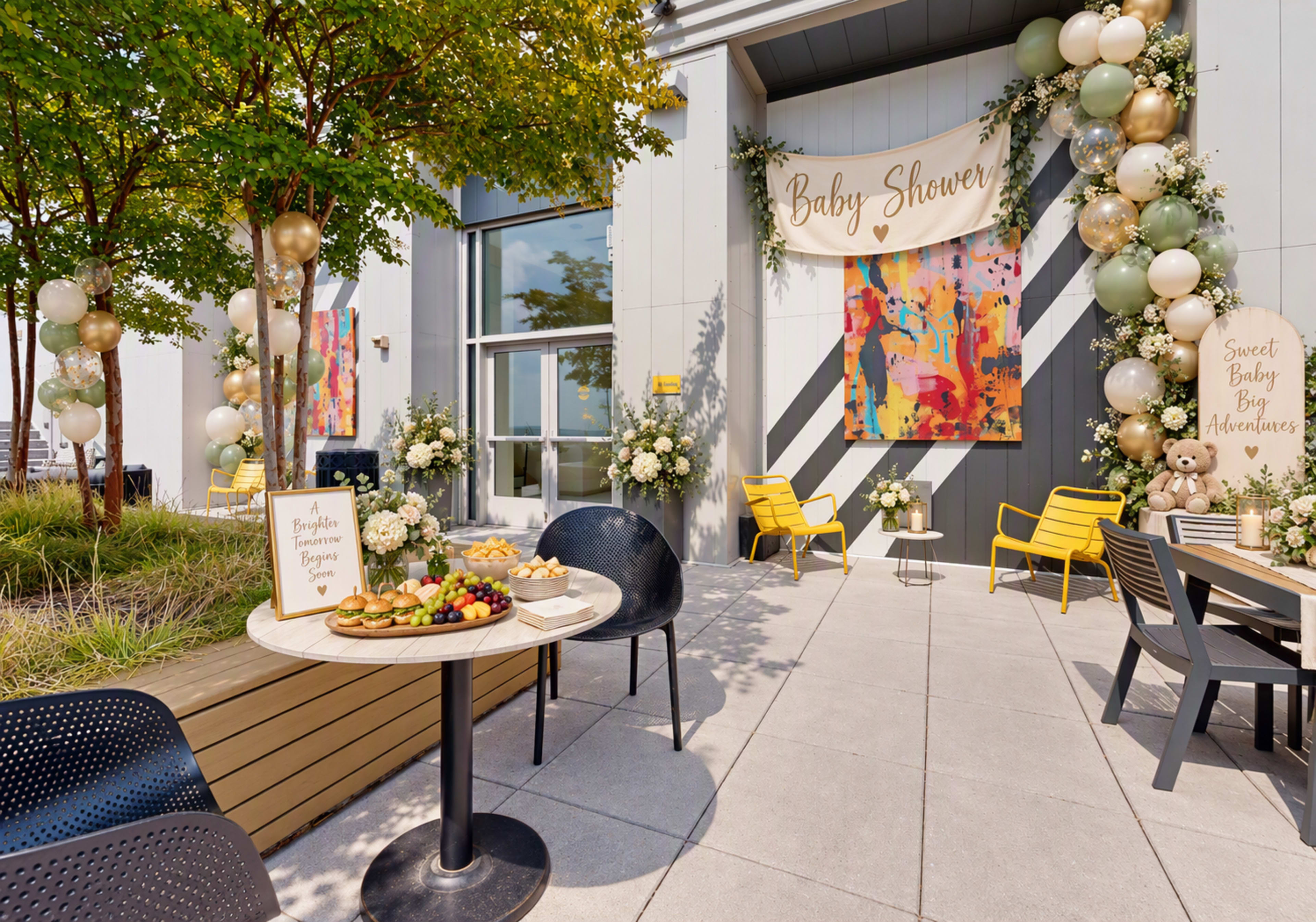 The image depicts a decorated outdoor area set up for a baby shower, featuring a large colorful mural, floral arrangements, dessert tables, and yellow chairs.
