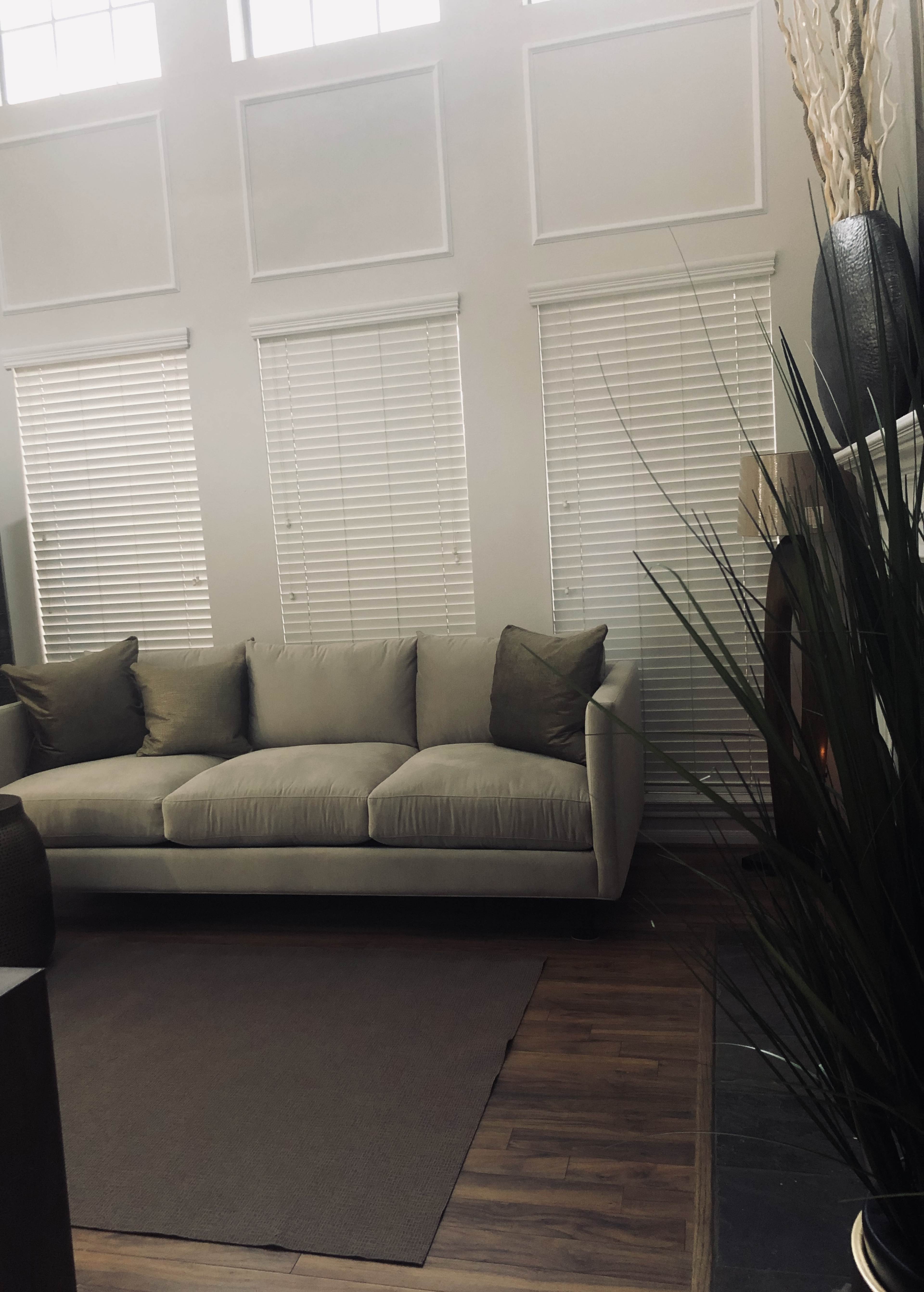 A beige sofa with two cushions is positioned against a wall with white vertical blinds, alongside a plant and a decorative vase.