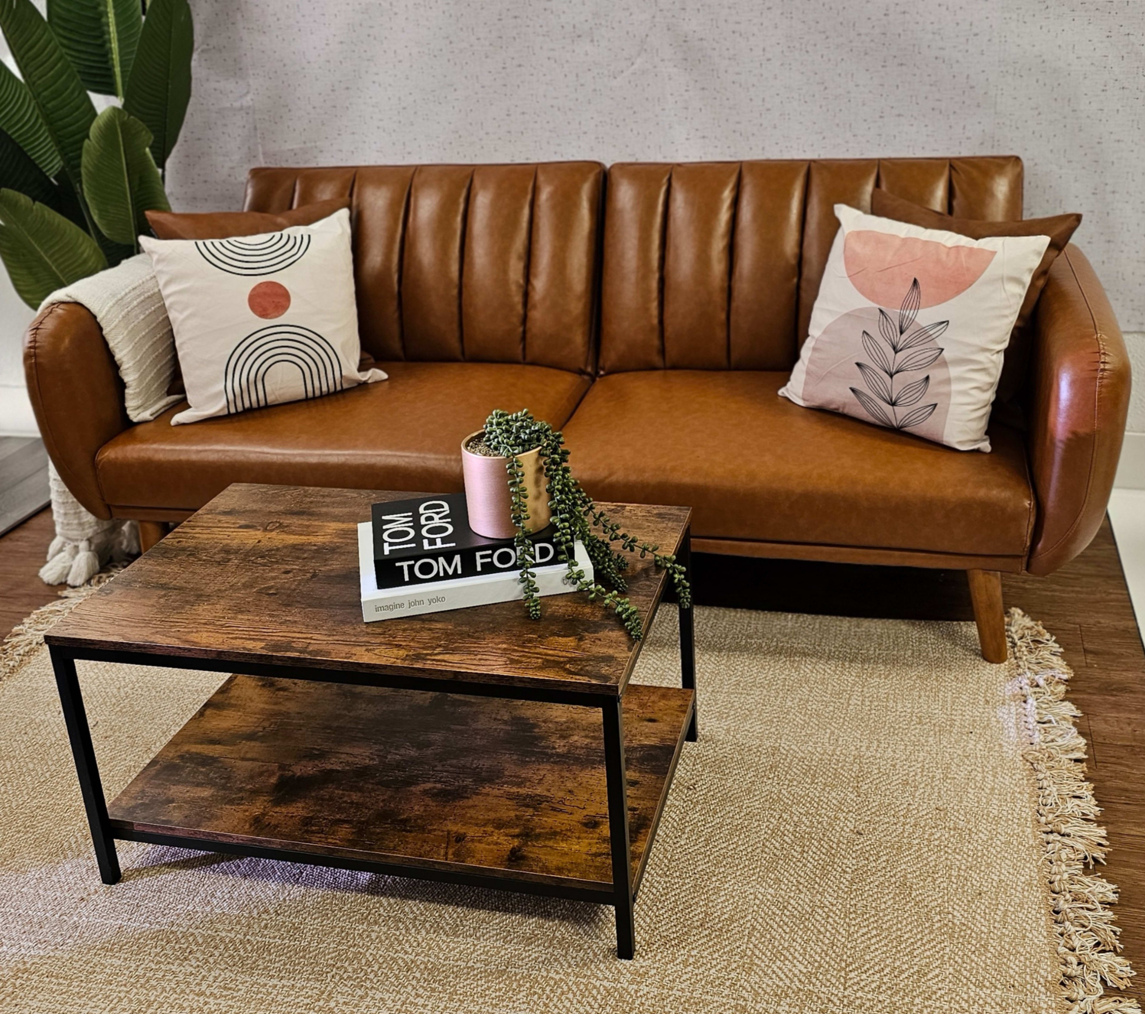 A brown leather sofa with two patterned pillows, a wooden coffee table with books and a plant, and a textured rug underneath.