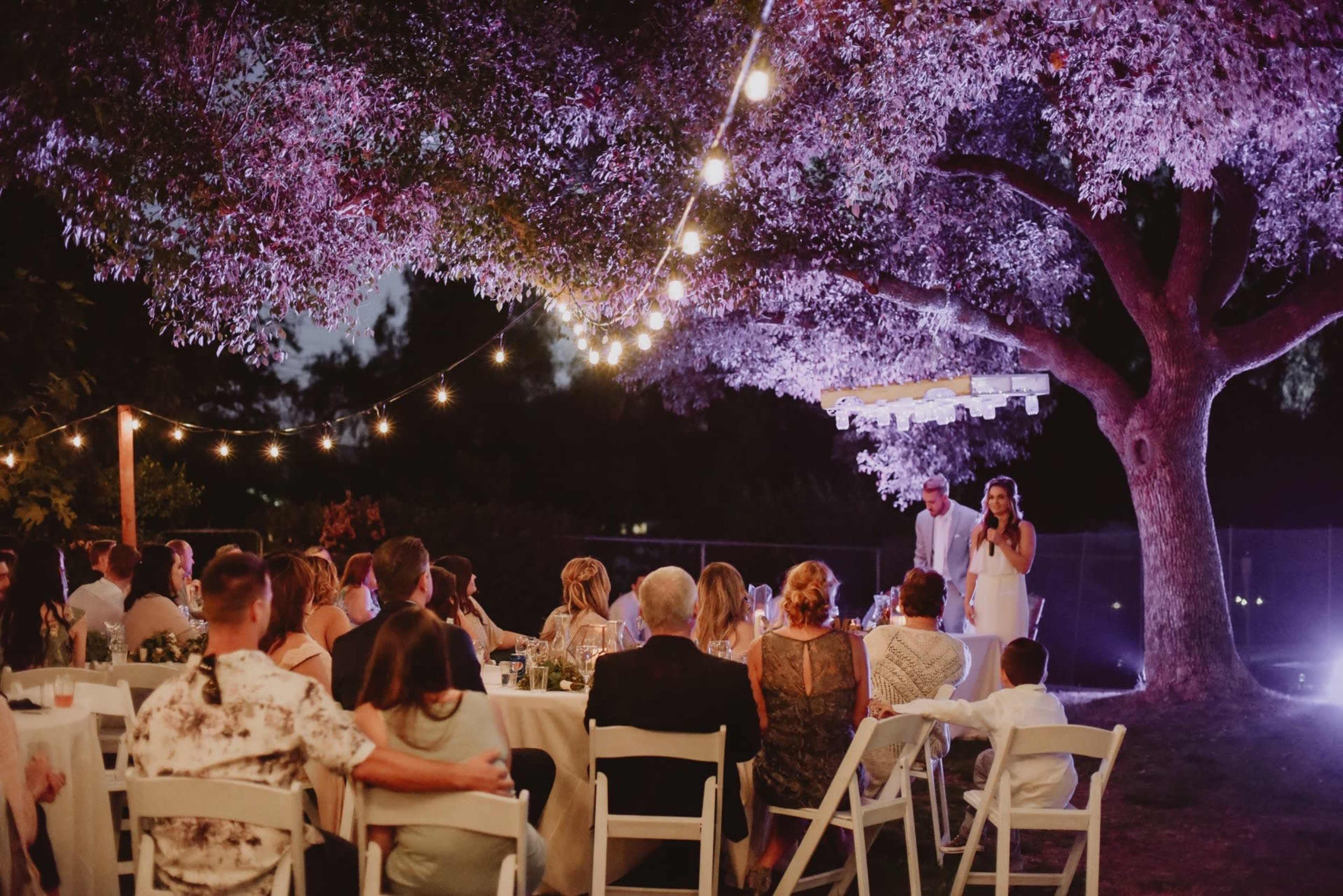 A couple stands at a microphone under a canopy of string lights, addressing guests seated at tables in a garden setting at night.