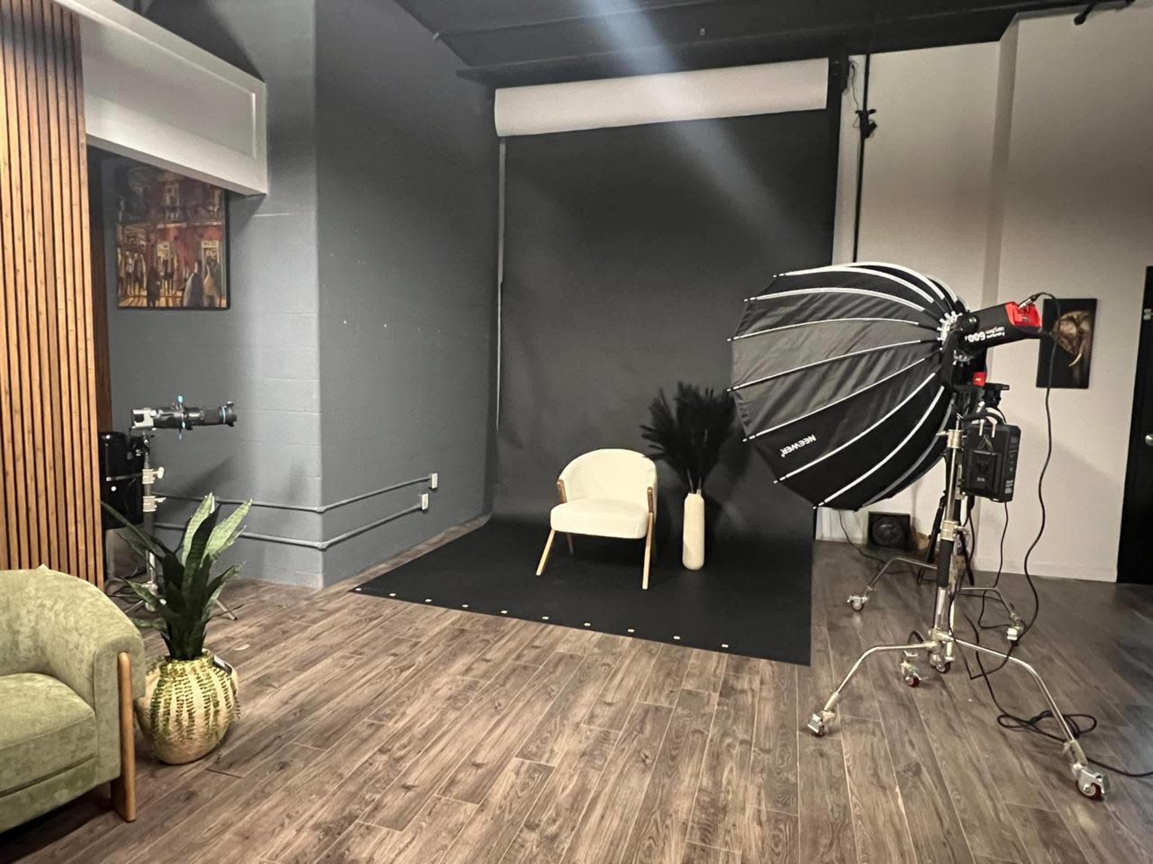 The image shows a photography studio featuring a chair on a black backdrop, a large softbox light, and a green plant beside a seating area.