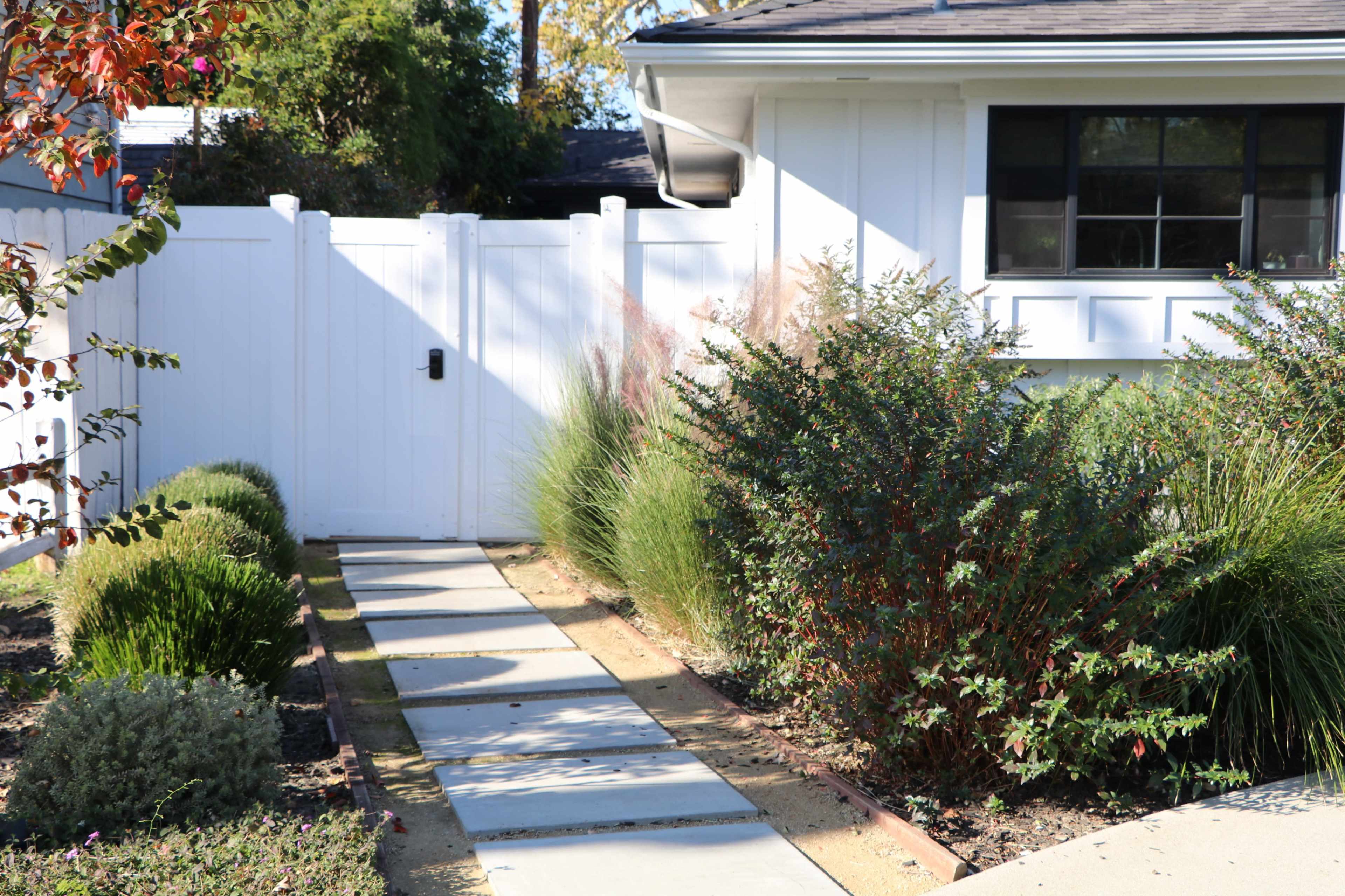A pathway lined with plants leading to a white gate beside a house.