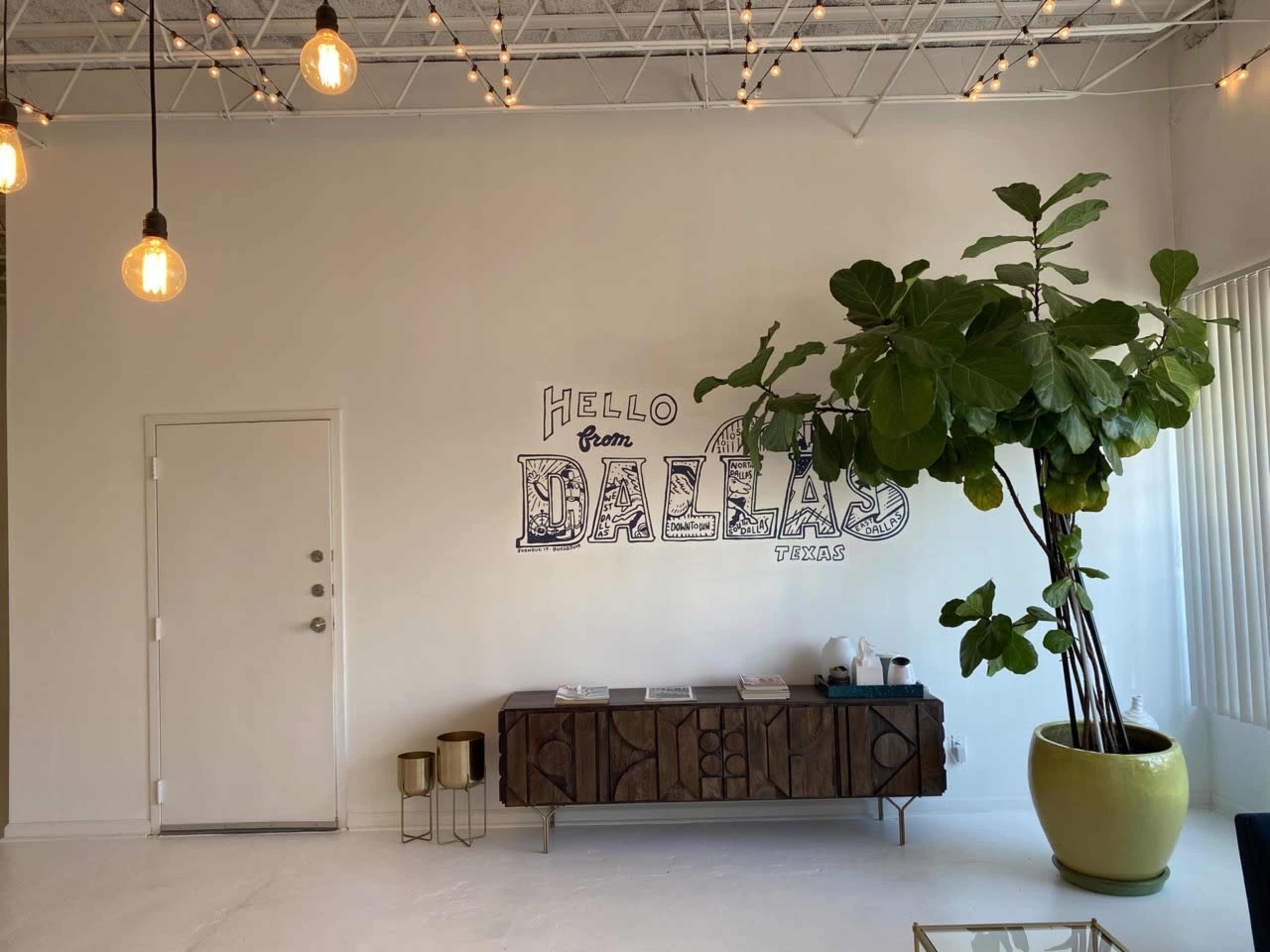 The image shows an interior space featuring a wall with "Hello from Dallas, Texas" written on it, a large potted plant, a wooden cabinet, and decorative light fixtures hanging from the ceiling.