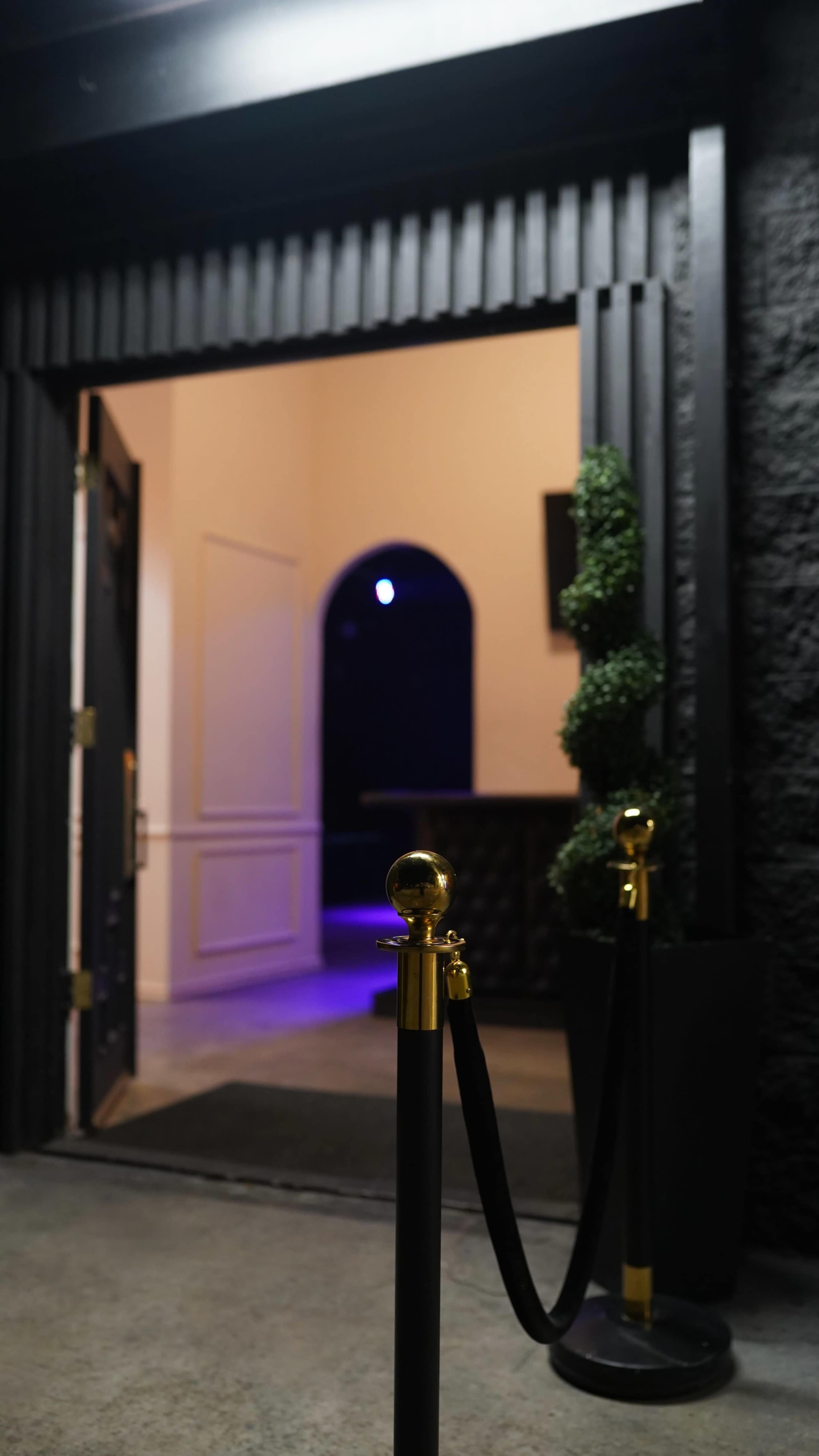 The entrance of a venue features a gold stanchion with a black rope, leading into a dimly lit area with an archway and purple lighting.