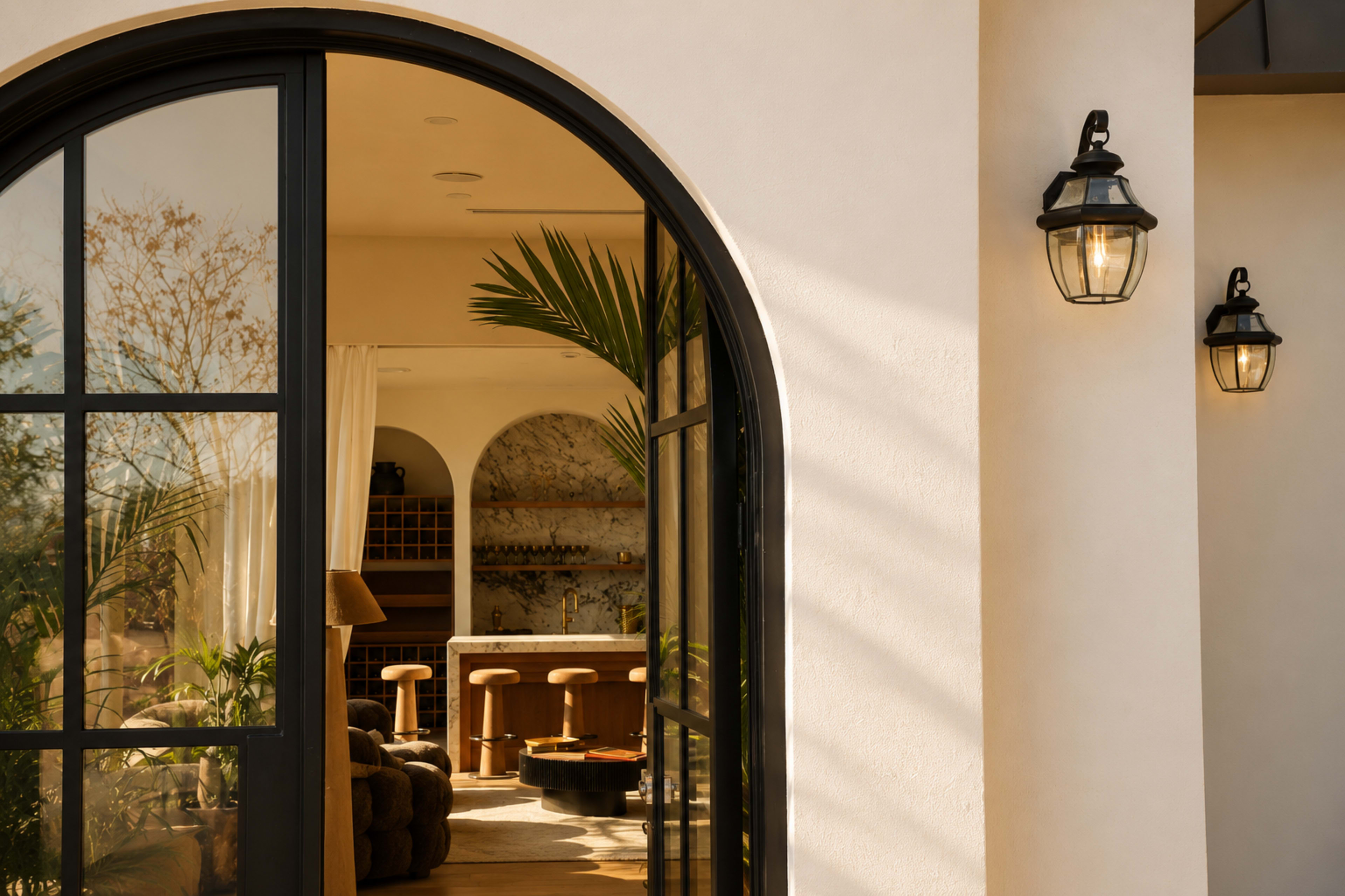 The image shows an entrance with an arched doorway leading into a well-lit interior that features a bar area with stools and various plants.