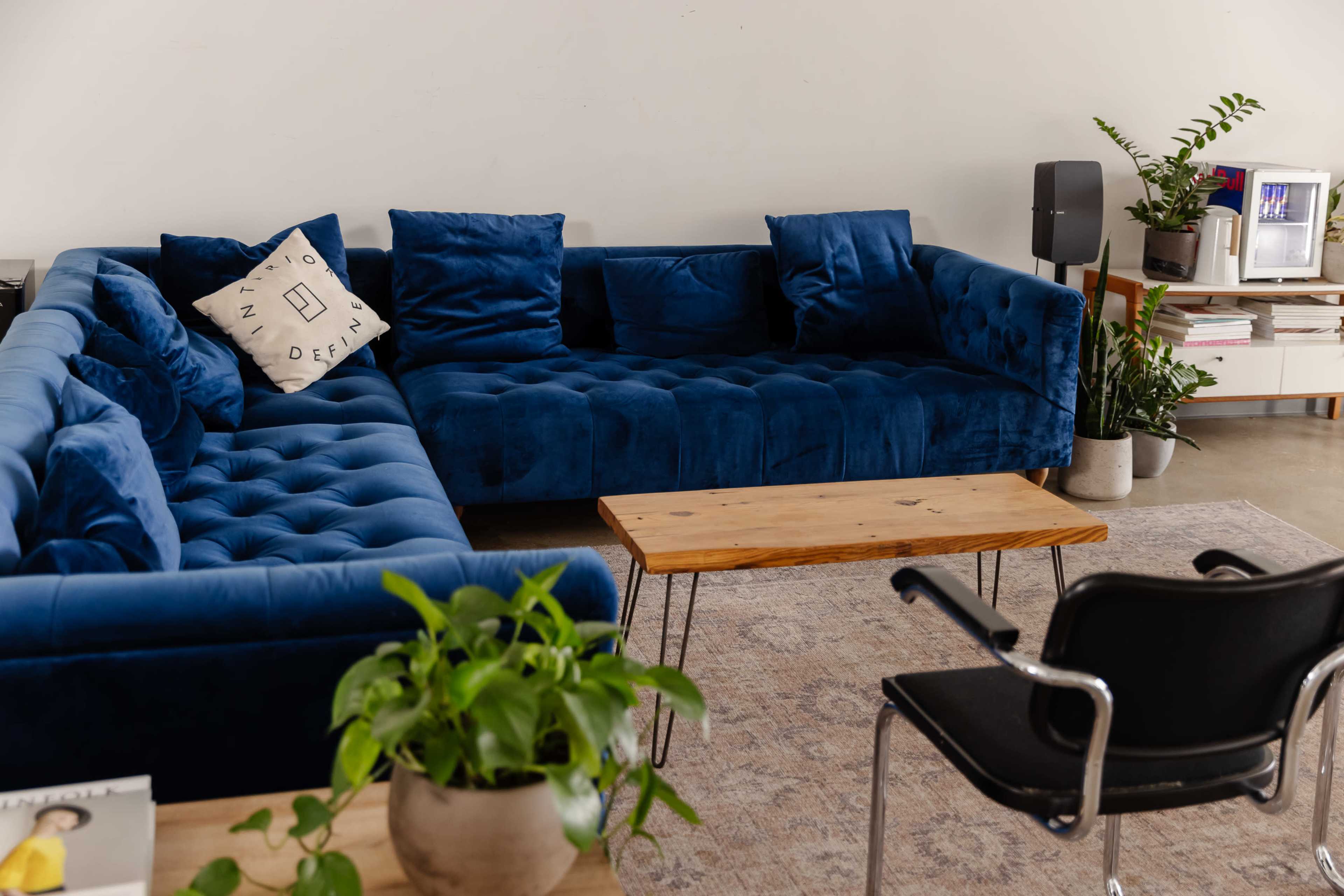A blue velvet sectional sofa arranged around a wooden coffee table, with a black chair and potted plants in a modern living room setting.