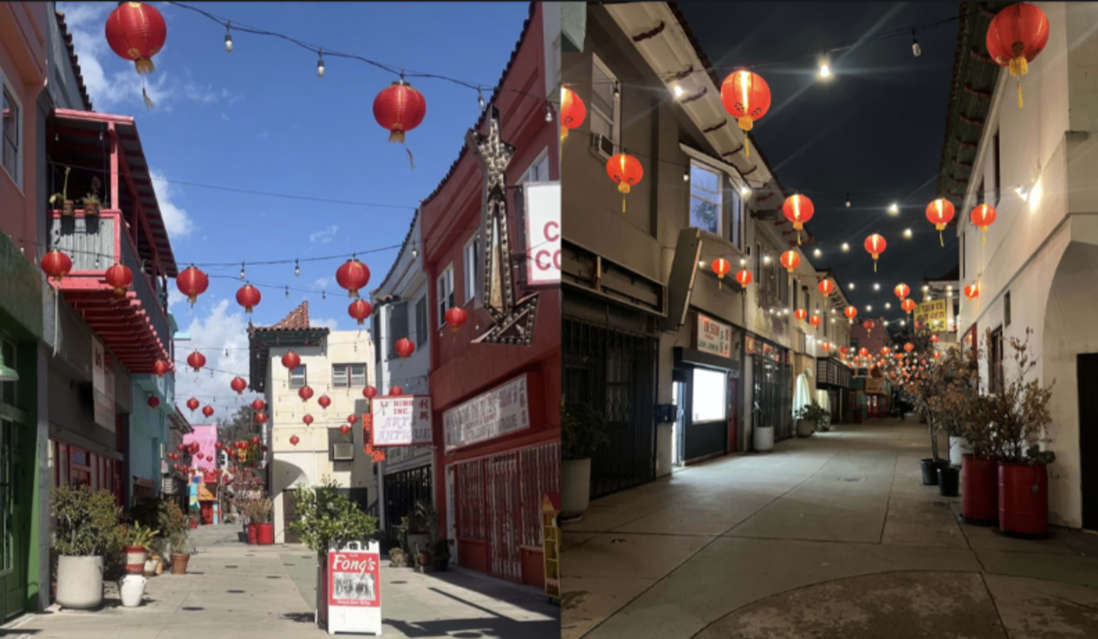The image shows two views of a street in a Chinatown area, adorned with red lanterns and colorful storefronts.