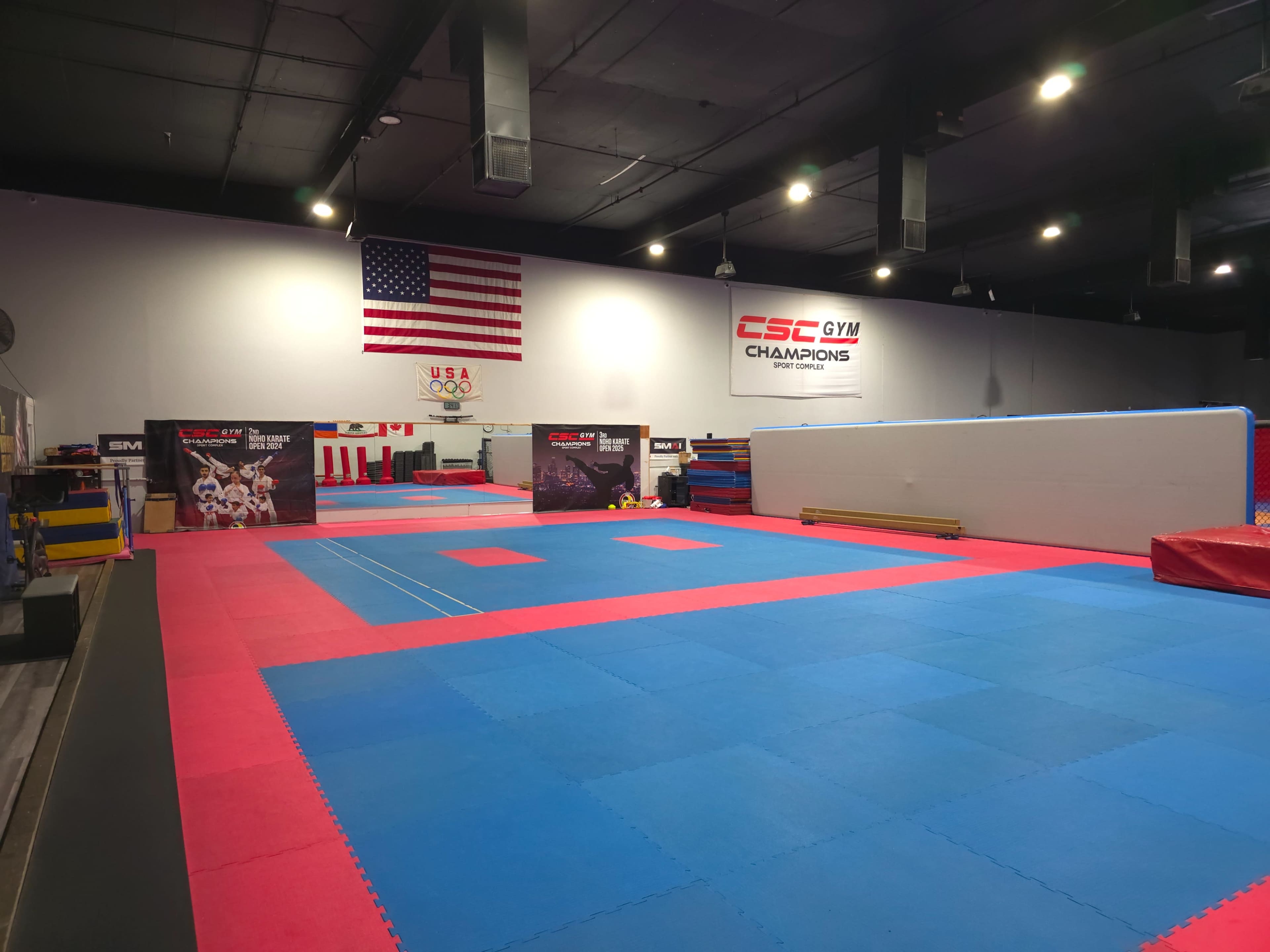 The image shows a martial arts gym with blue and red mats, an American flag on the wall, and various training equipment in the background.
