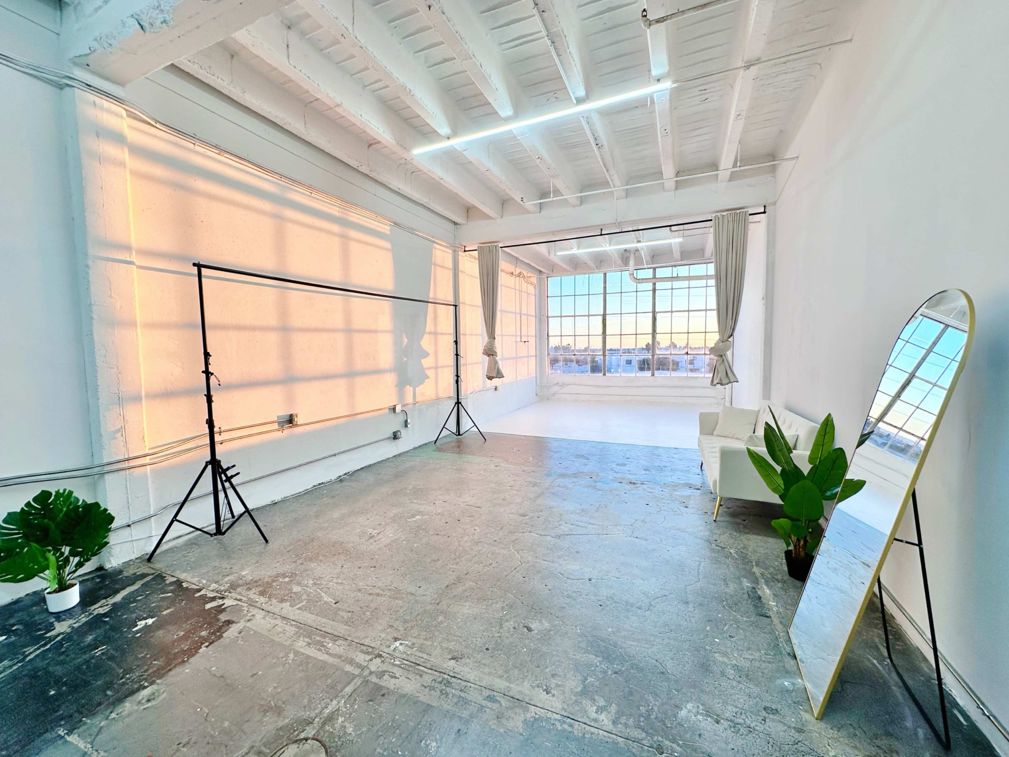 The image shows a spacious, well-lit studio with large windows, a white backdrop, a plant in a pot, and a tall mirror.