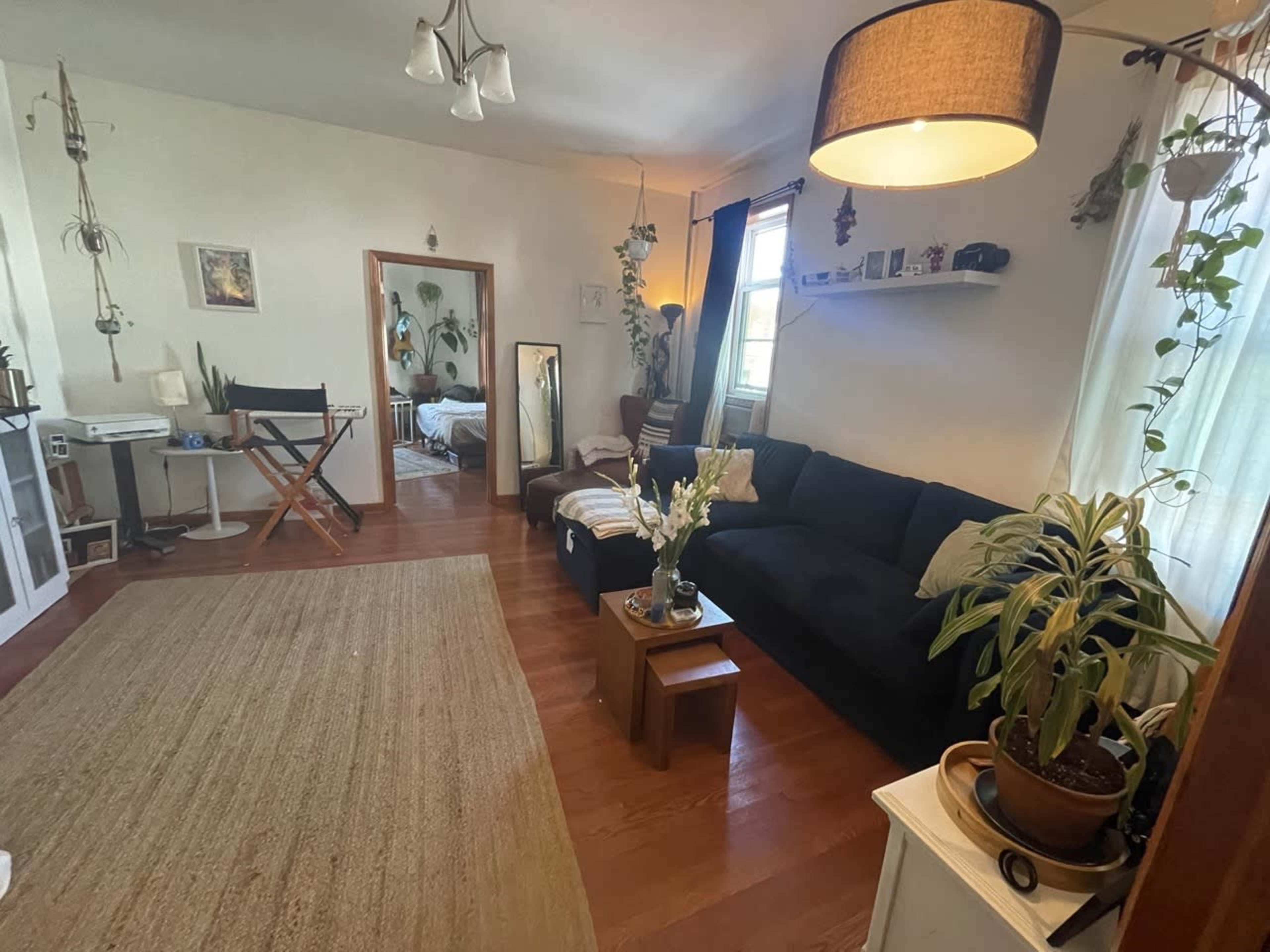 The living room features a dark sofa, a wooden coffee table, and plants, with a doorway leading to another room in the background.