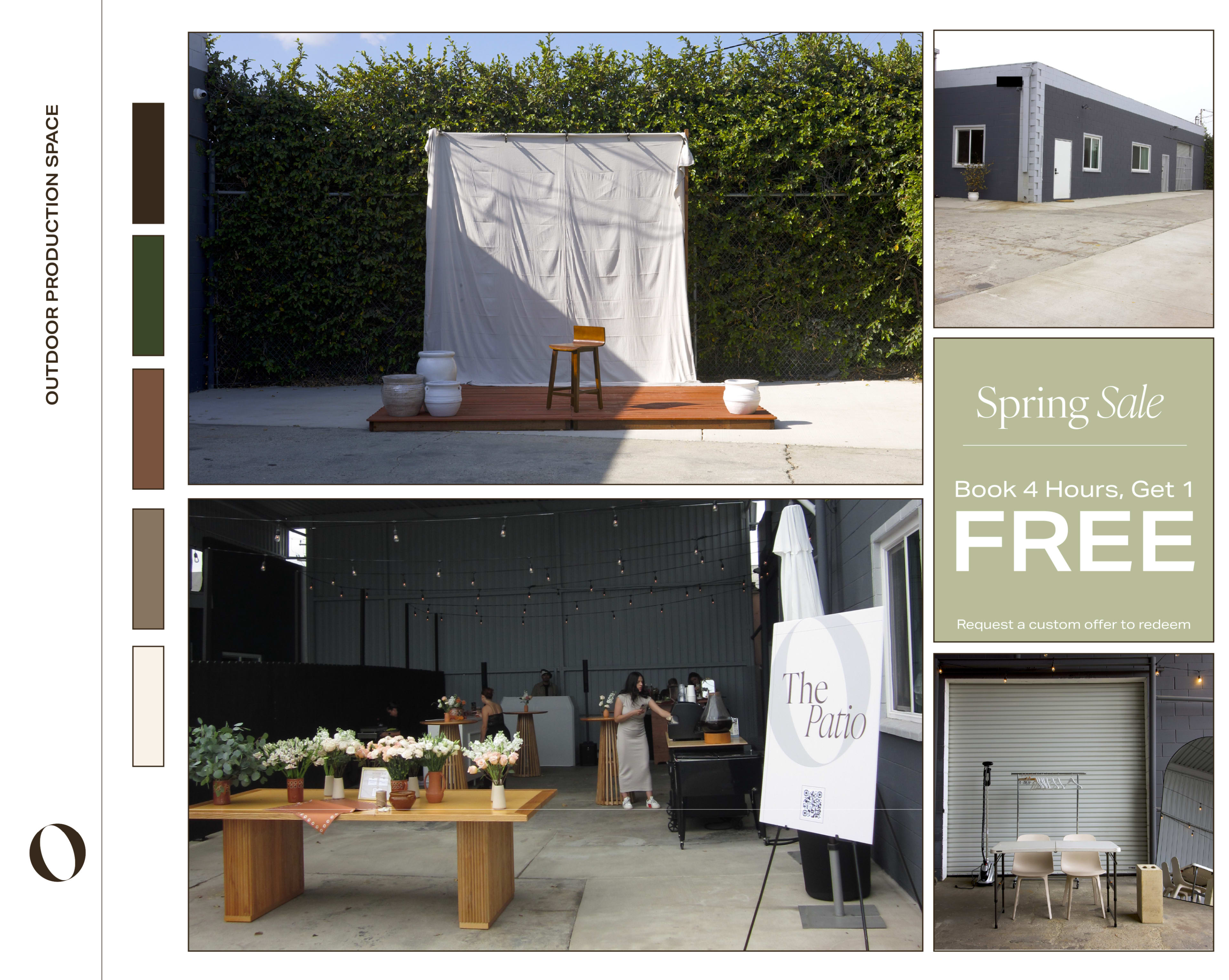 The image showcases an outdoor production space featuring a simple stage setup with a backdrop and a table, alongside a spacious indoor area with decorative tables and an event display.