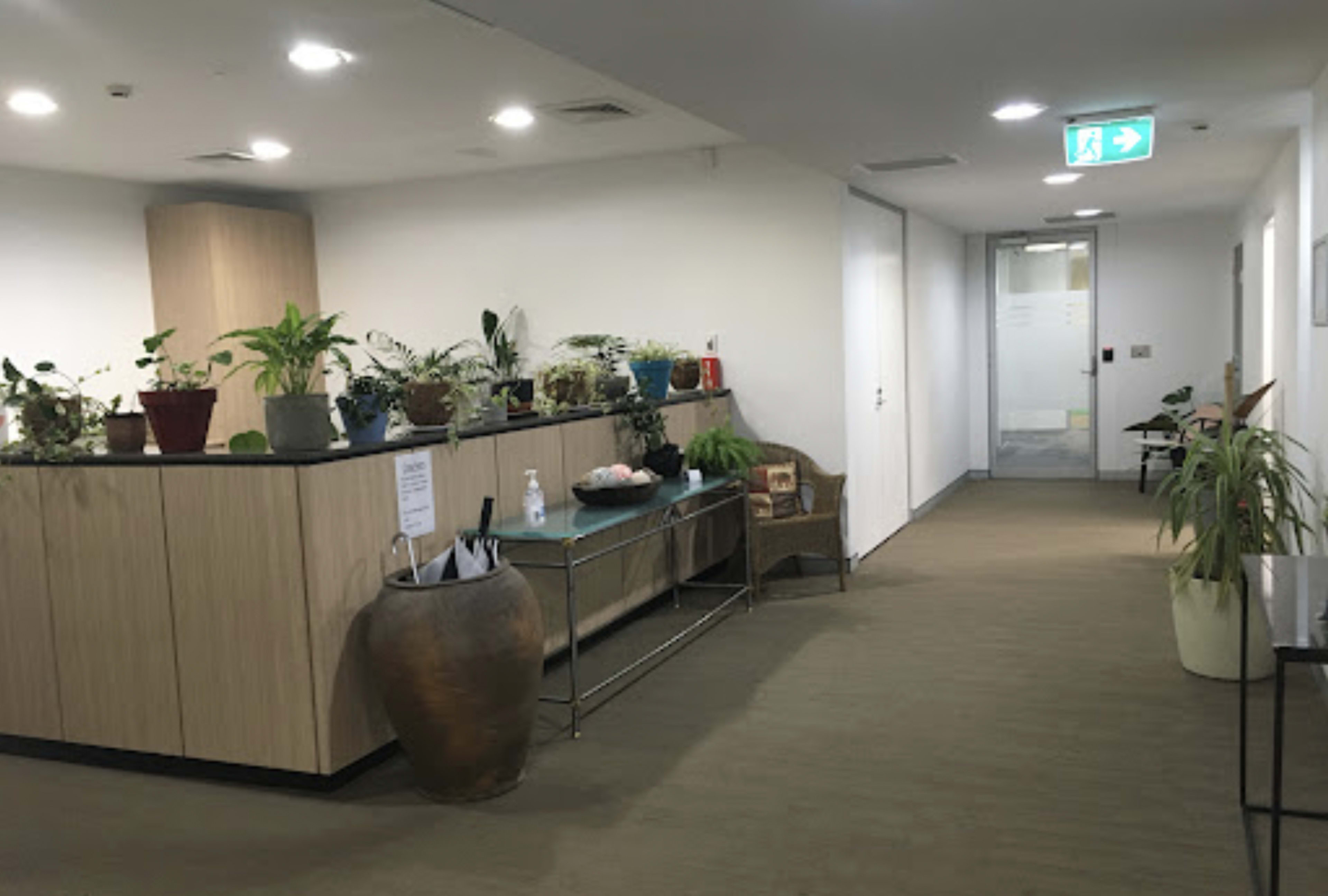 The image shows a corridor in an office space with potted plants along the walls and a reception area featuring a counter and seating.