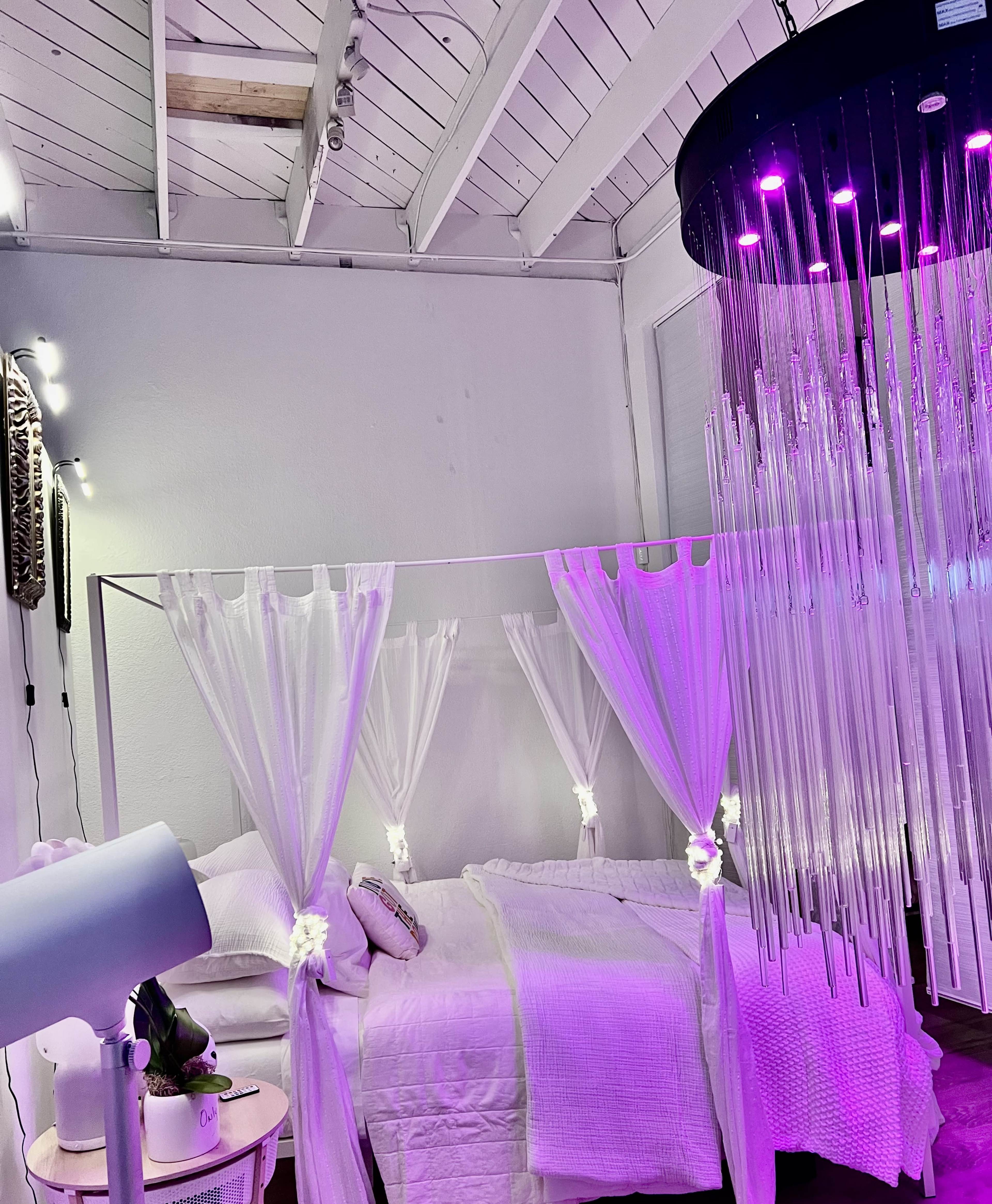 A bedroom featuring a canopy bed with sheer drapes, a modern chandelier with purple lighting, and a minimalist decor style.