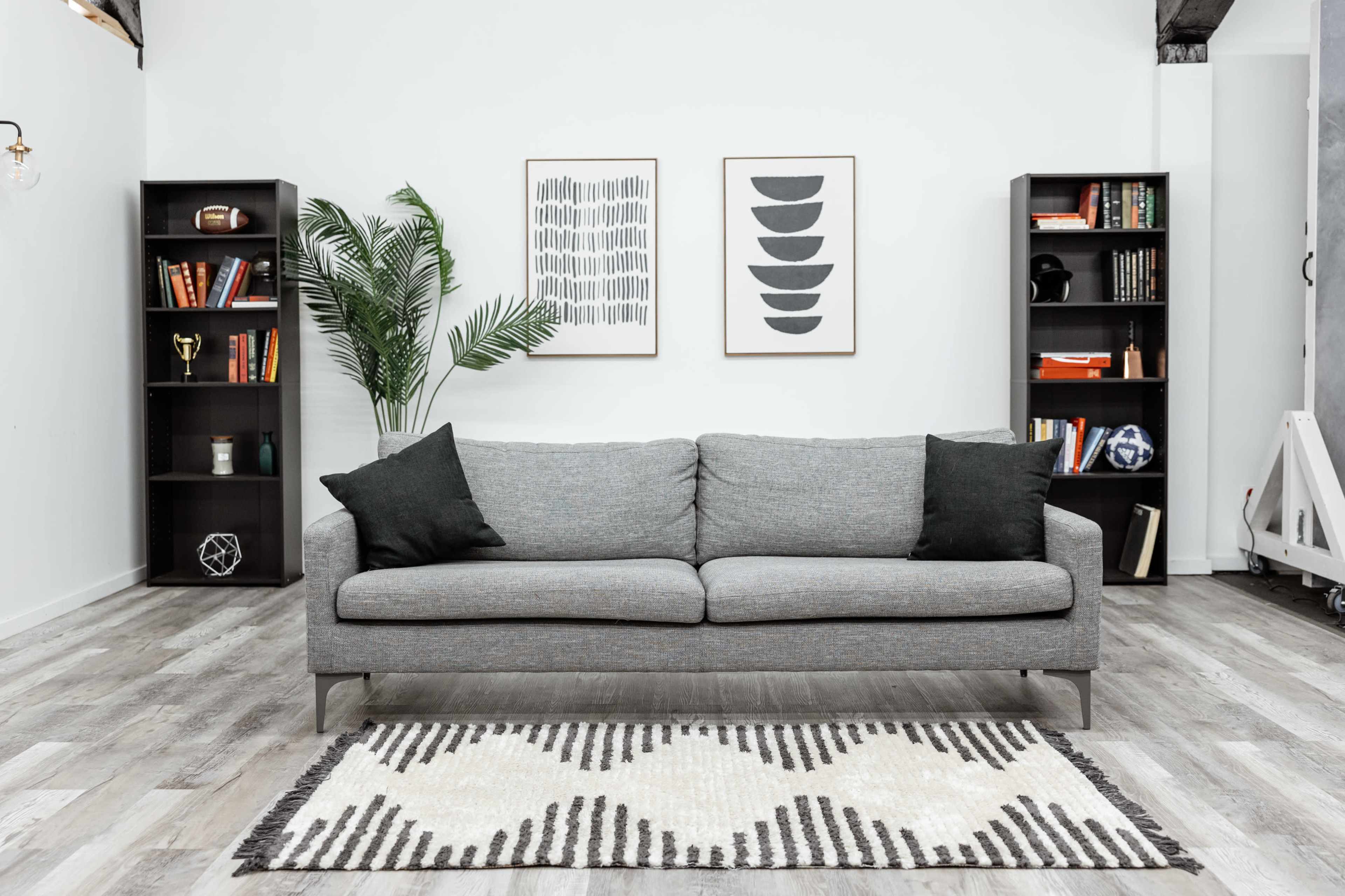 A gray sofa with black pillows sits in a modern living room featuring shelves filled with books and decorative items, a patterned rug, and wall art.