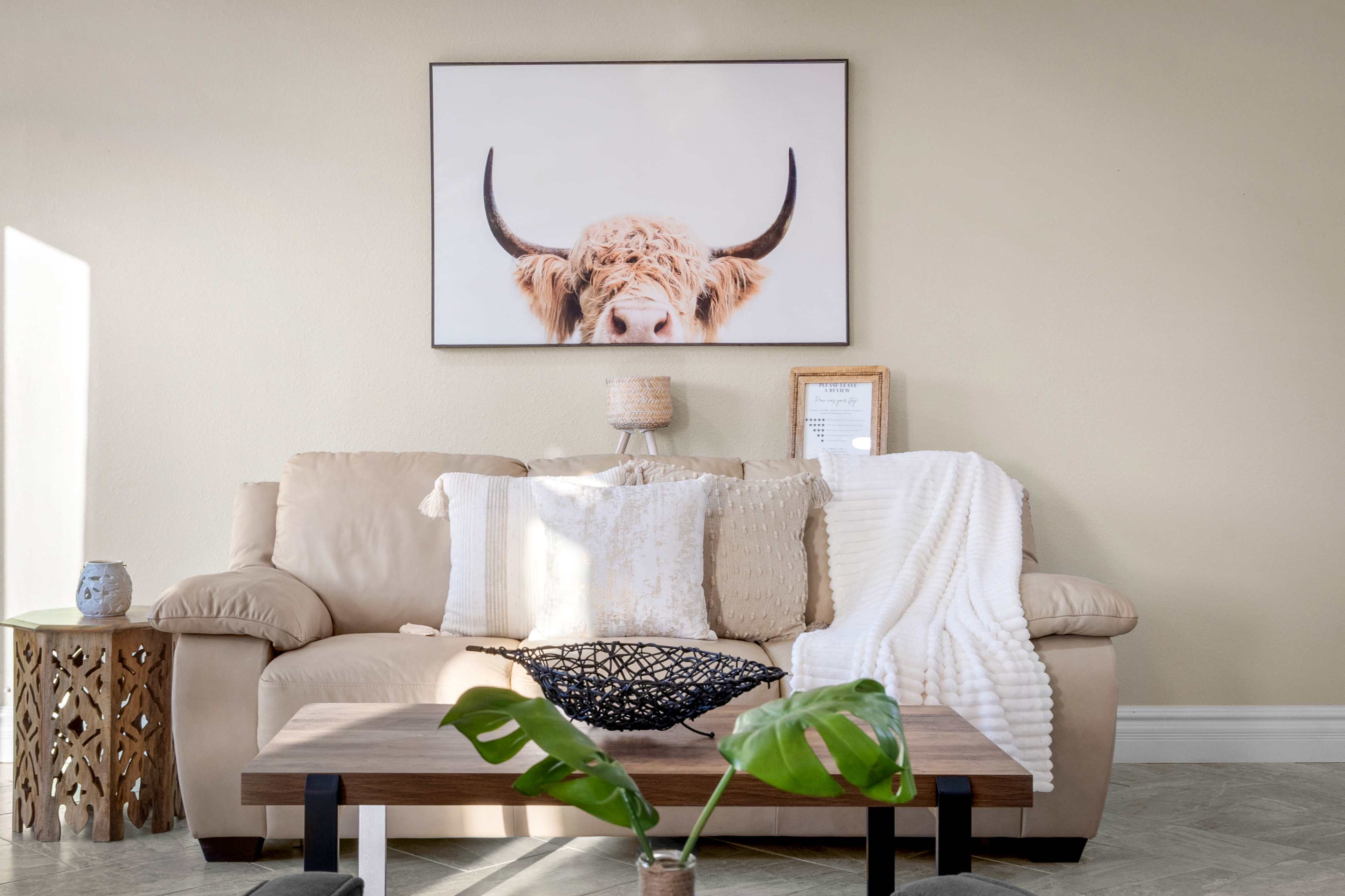A light beige couch is adorned with white pillows and a blanket, facing a wooden coffee table, with a cow-themed artwork hanging on the wall above.