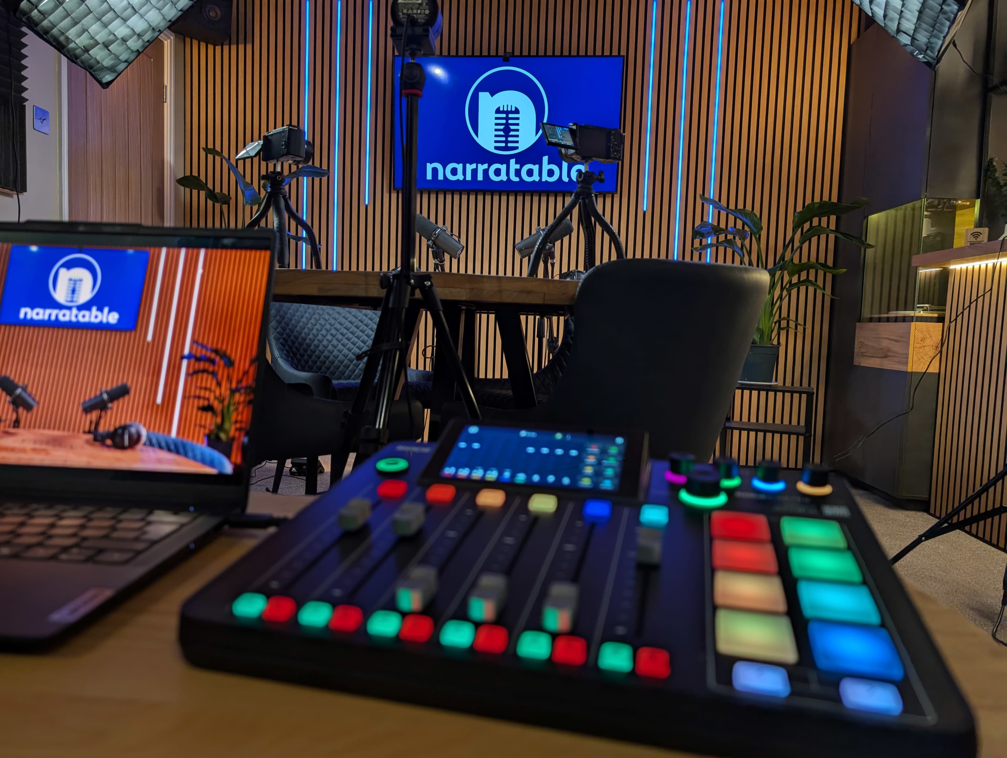 Podcast Studio with numerous environments to record in, including a Bar, Sofa area and a round table complete with TV and RGB lighting for Branding Image in Congleton, Congleton, ENG