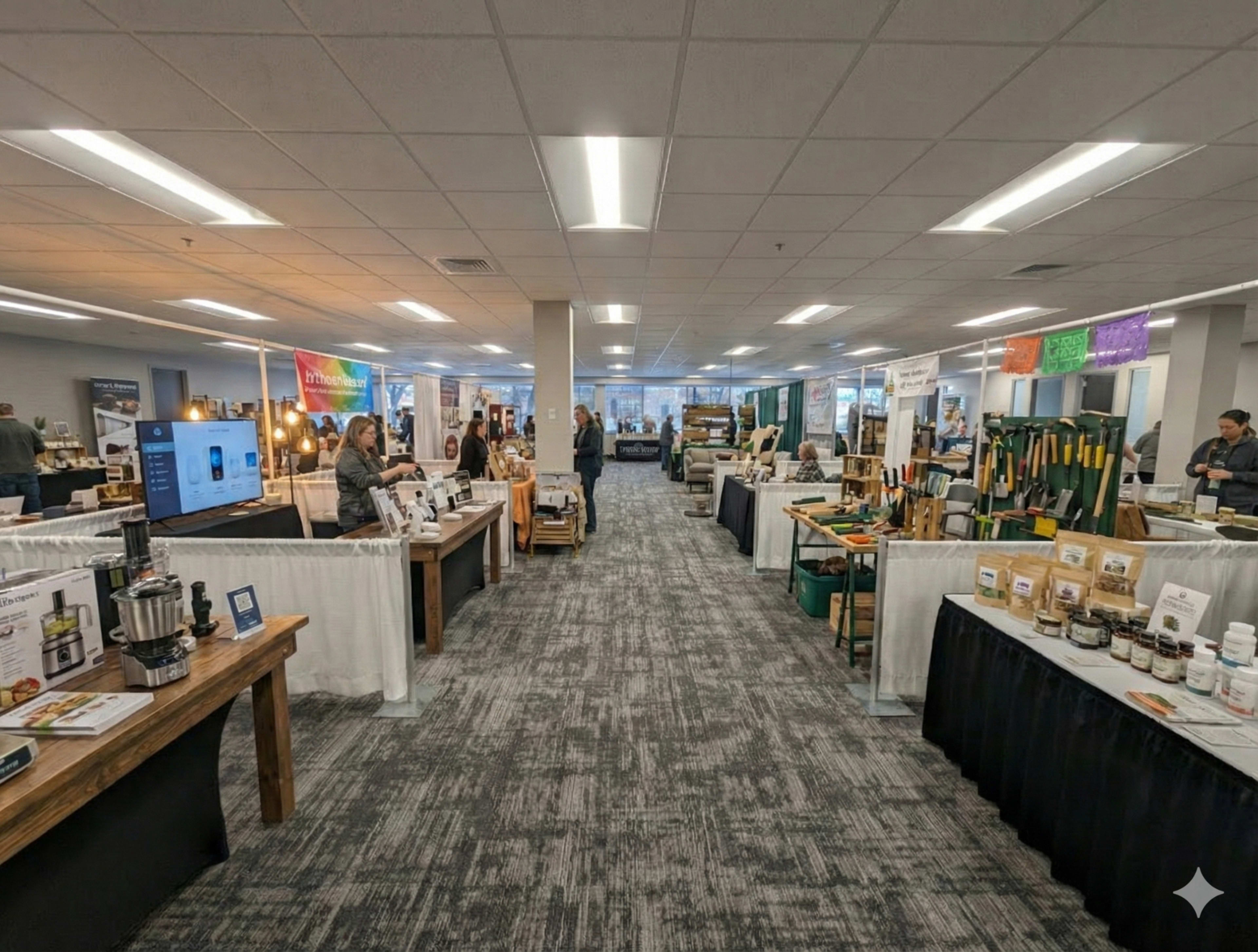 The image shows a spacious exhibition hall filled with vendor booths showcasing various products, with attendees browsing and interacting in the background.